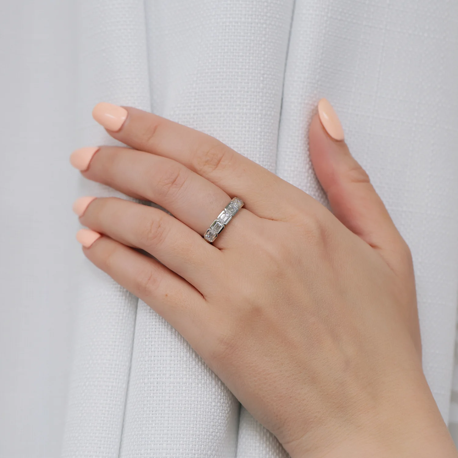 Platinum Emerald Cut Diamond Rub Over Half Eternity Ring - Image 3
