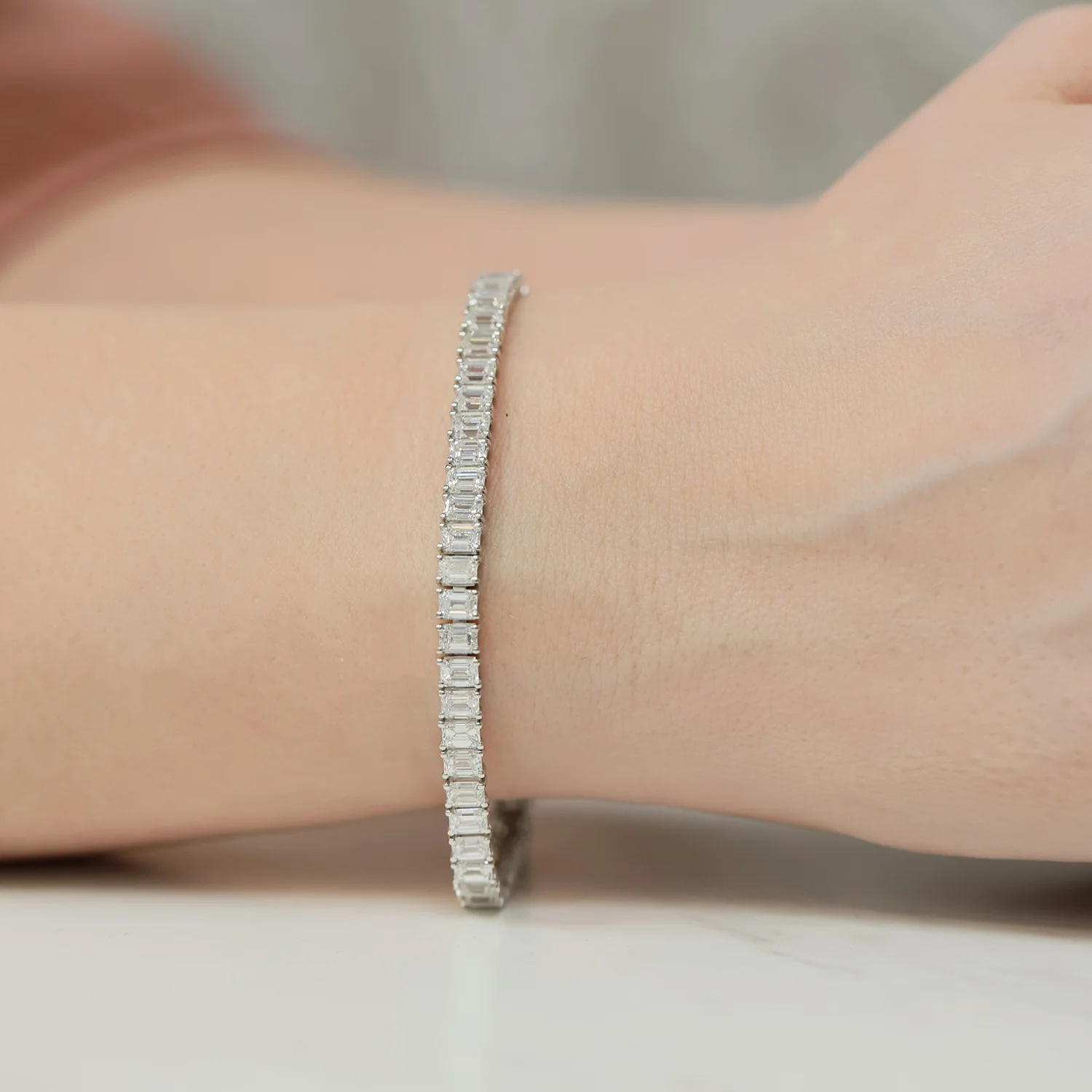 Platinum Emerald Cut Diamond Tennis Bracelet - Image 4