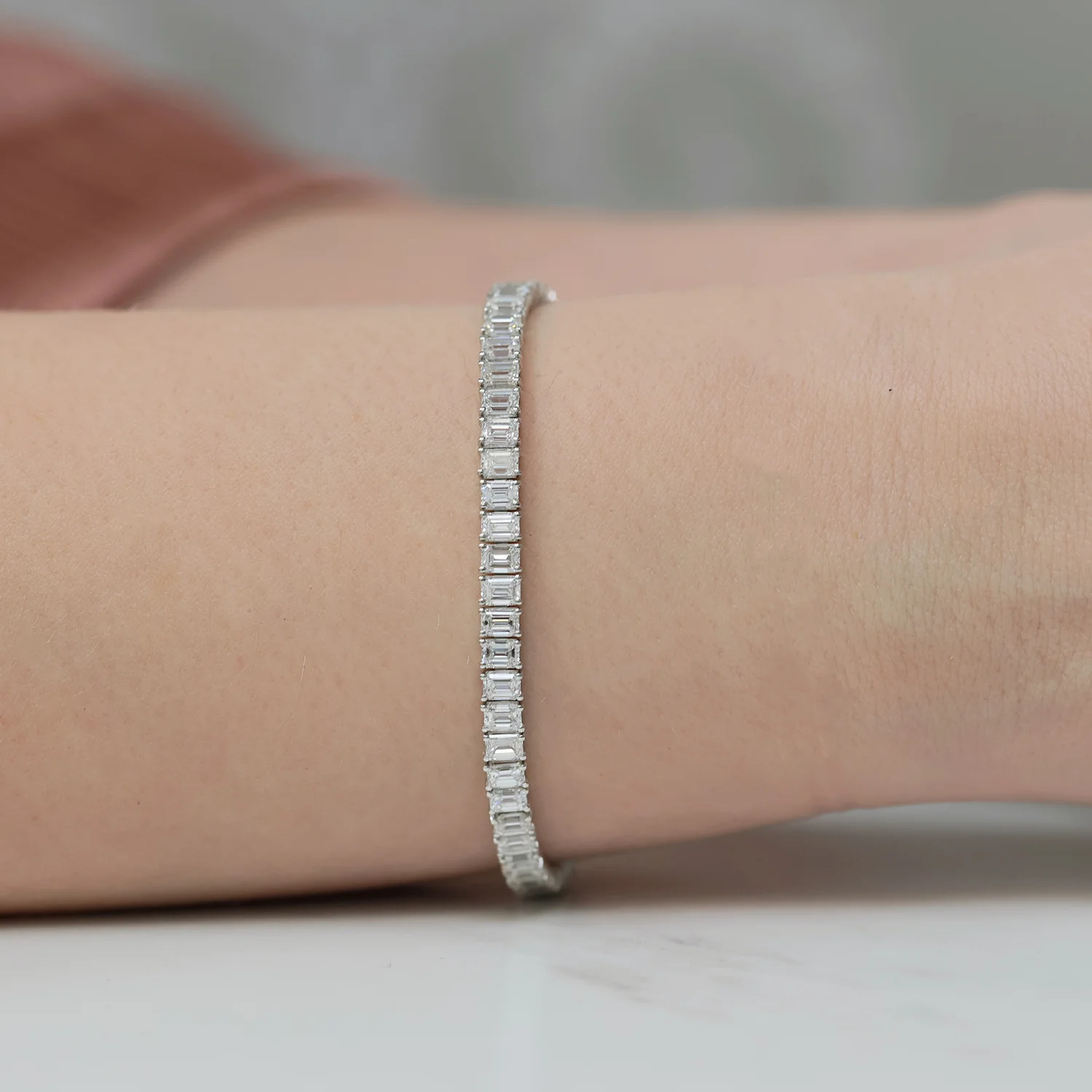 Platinum Emerald Cut Diamond Tennis Bracelet - Image 5