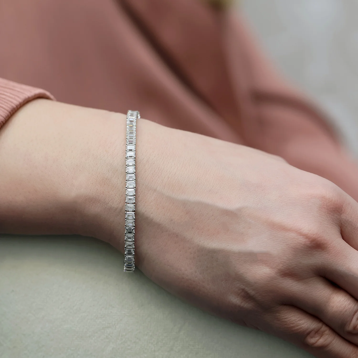 Platinum Emerald Cut Diamond Tennis Bracelet - Image 6