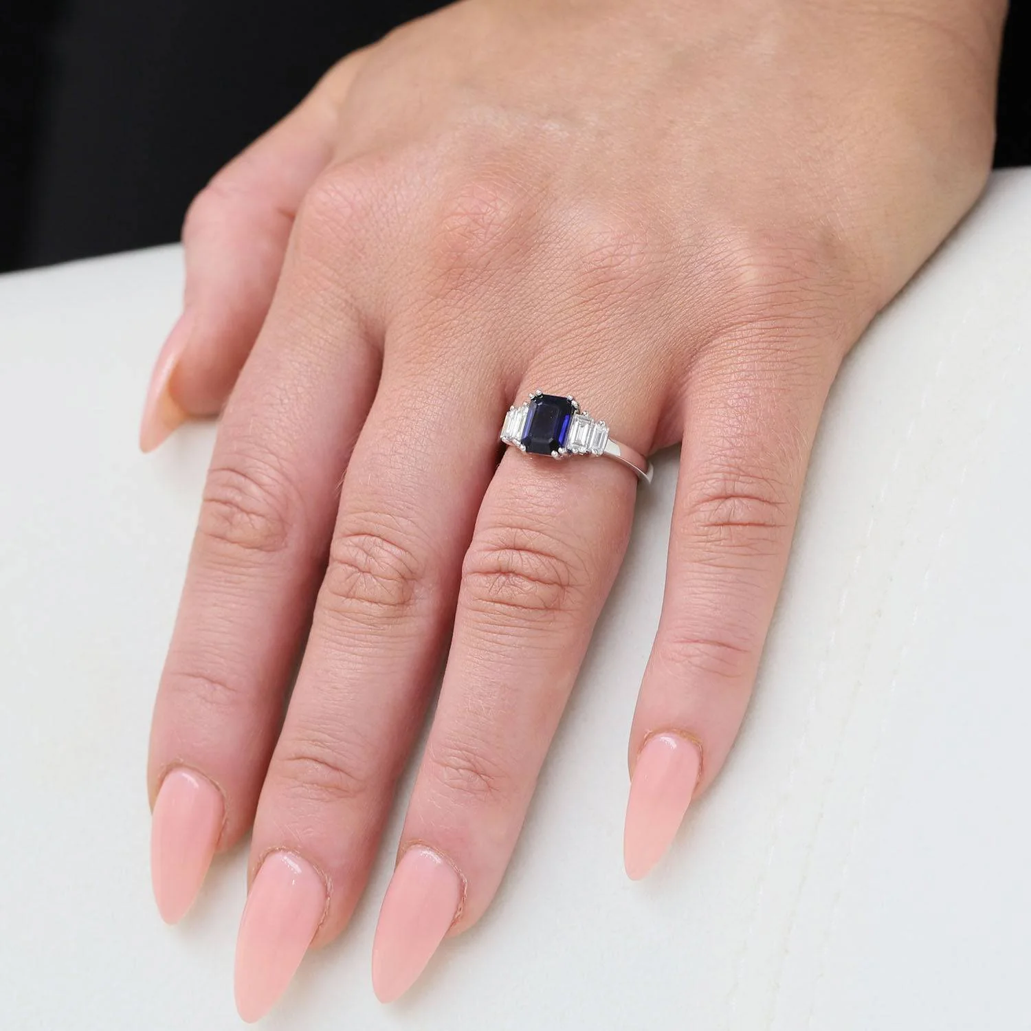 Platinum Emerald Cut Sapphire And Diamond Five Stone Dress Ring - Image 2
