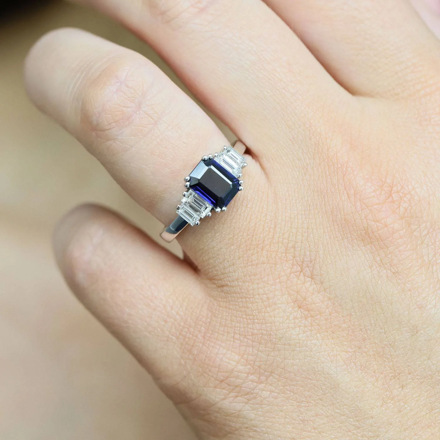 Platinum Emerald Cut Sapphire And Diamond Five Stone Dress Ring - Image 3