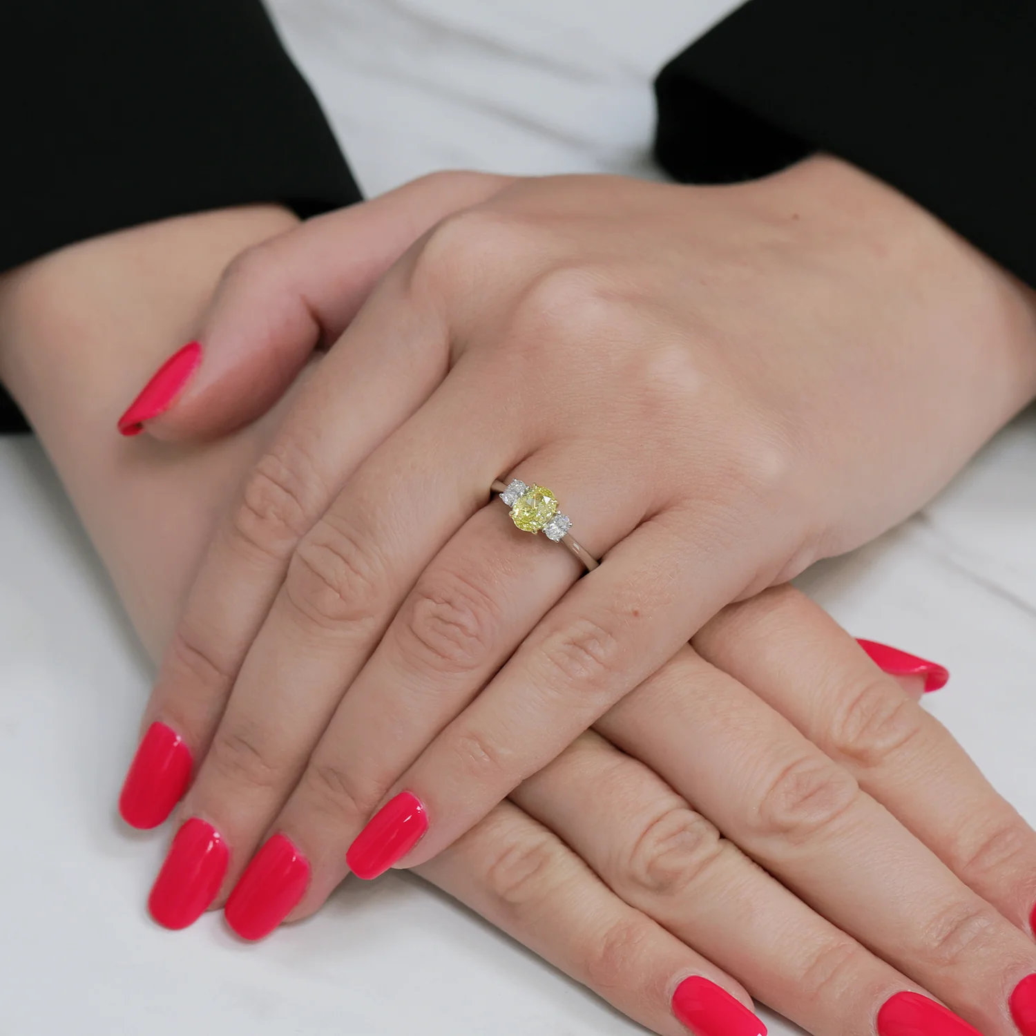 Platinum Fancy Yellow Oval Cut Diamond Three Stone Ring With Oval Cut Diamond Side Stones - Image 3
