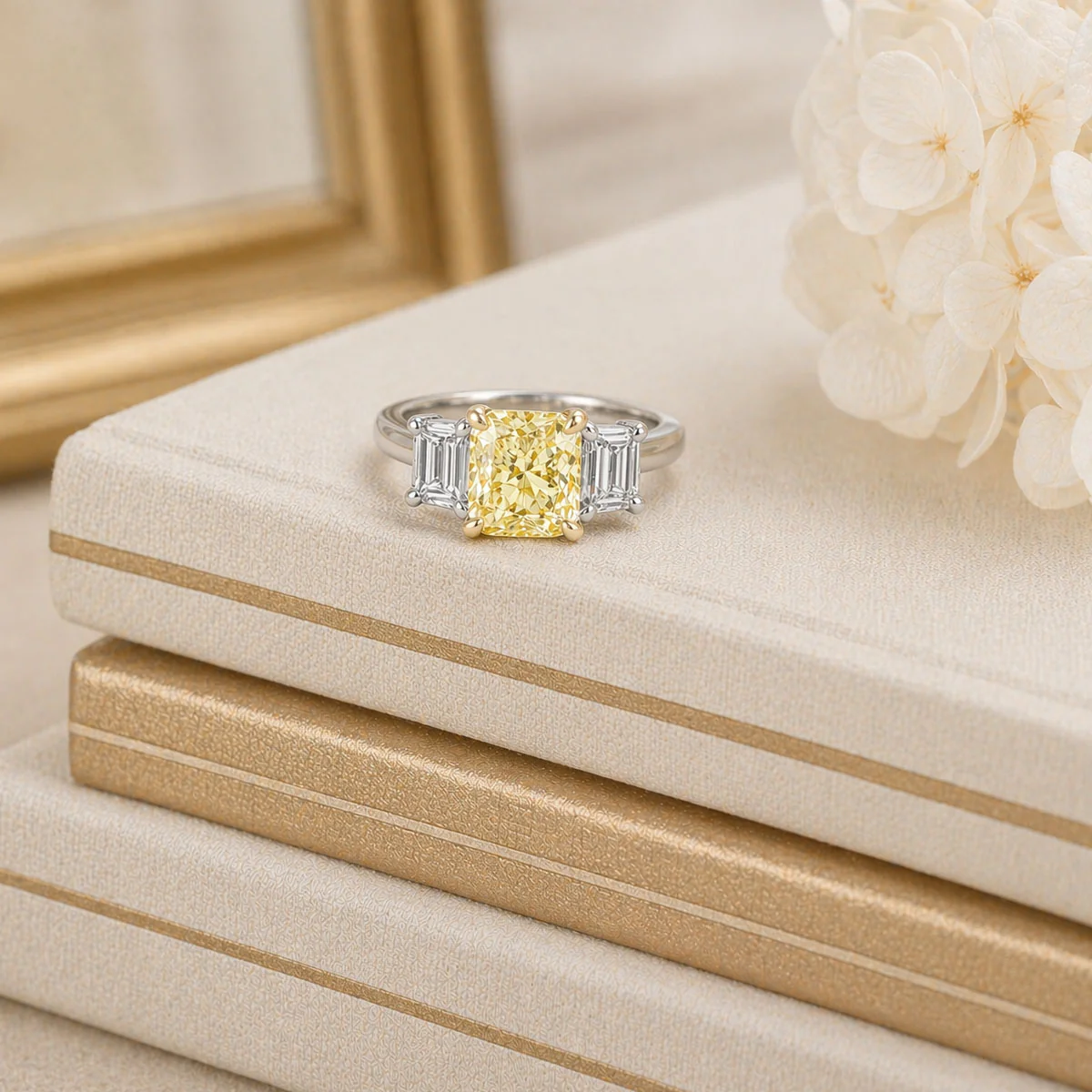 Platinum Fancy Yellow Radiant Cut Diamond Three Stone Ring - Image 3