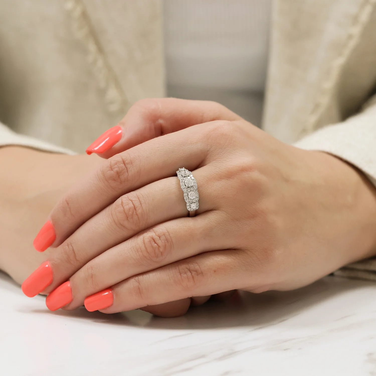 Platinum Five Stone Round Brilliant Cut Diamond Halo Ring - Image 2