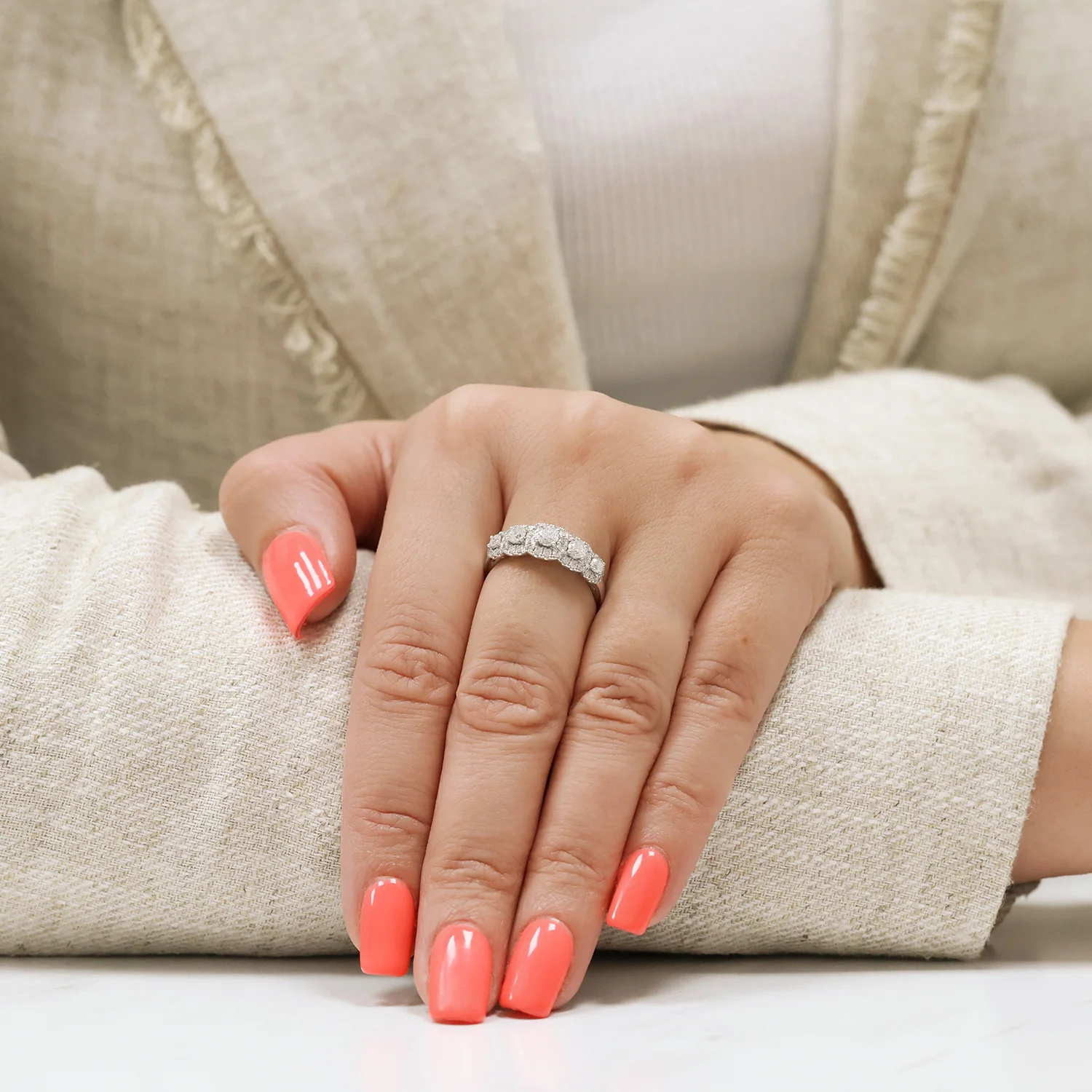 Platinum Five Stone Round Brilliant Cut Diamond Halo Ring - Image 3