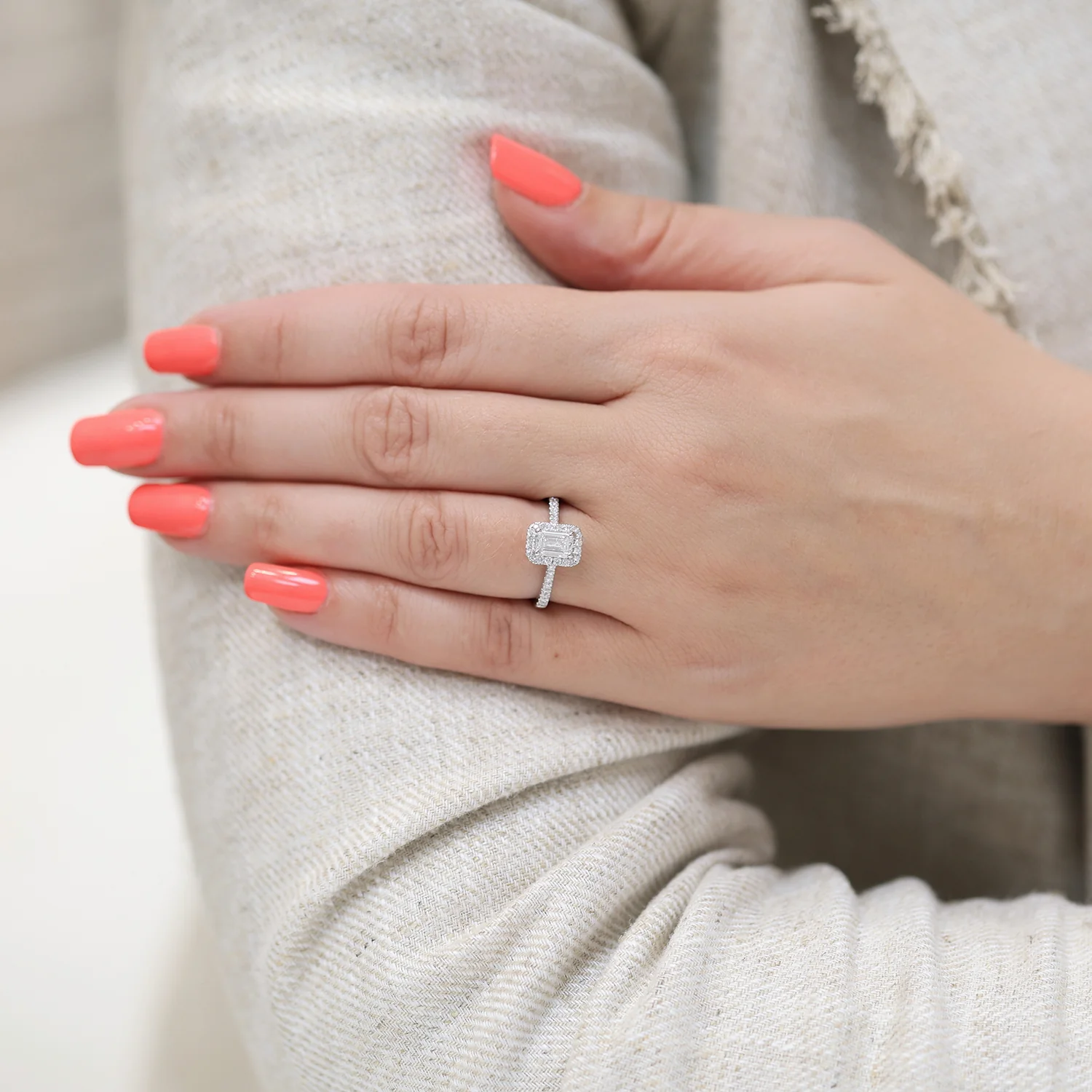 Platinum GIA Certificated Emerald Cut Diamond Halo Ring With Diamond Shoulders - Image 3
