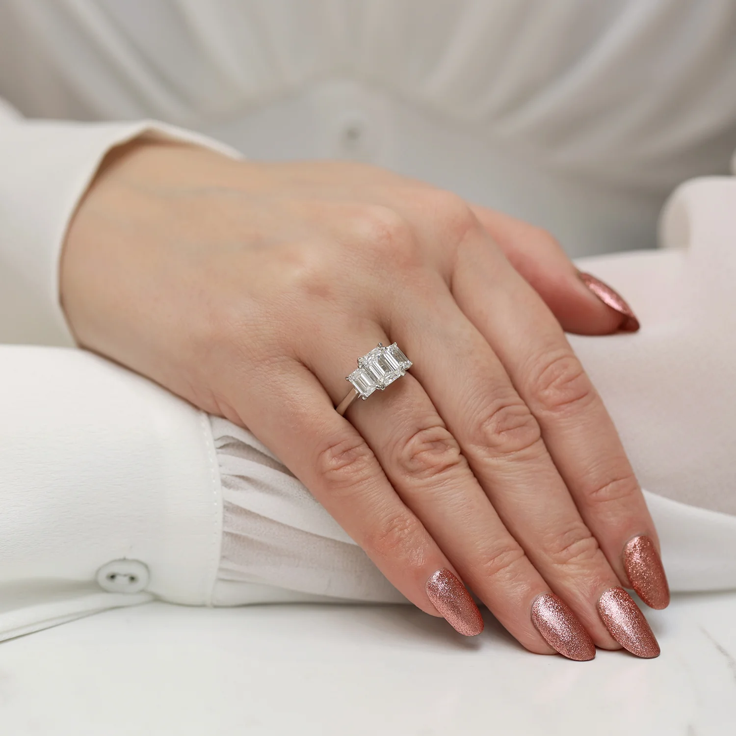 Platinum GIA Certificated Emerald Cut Diamond Three Stone Ring - Image 3