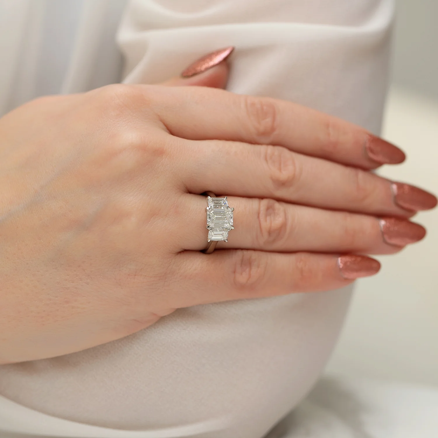 Platinum GIA Certificated Emerald Cut Diamond Three Stone Ring - Image 4