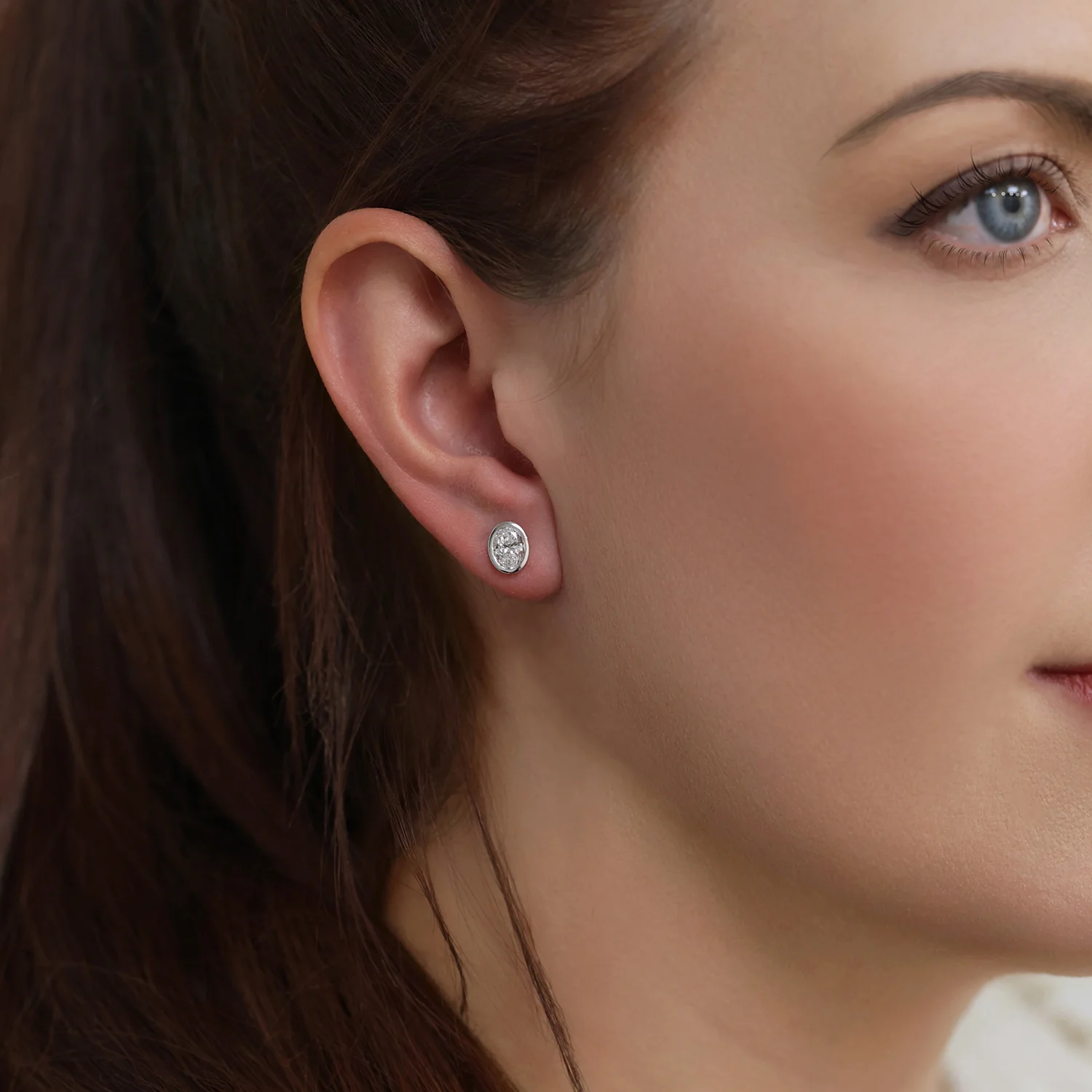 Platinum GIA Certificated Oval Cut Diamond Rub Over Stud Earrings - Image 2