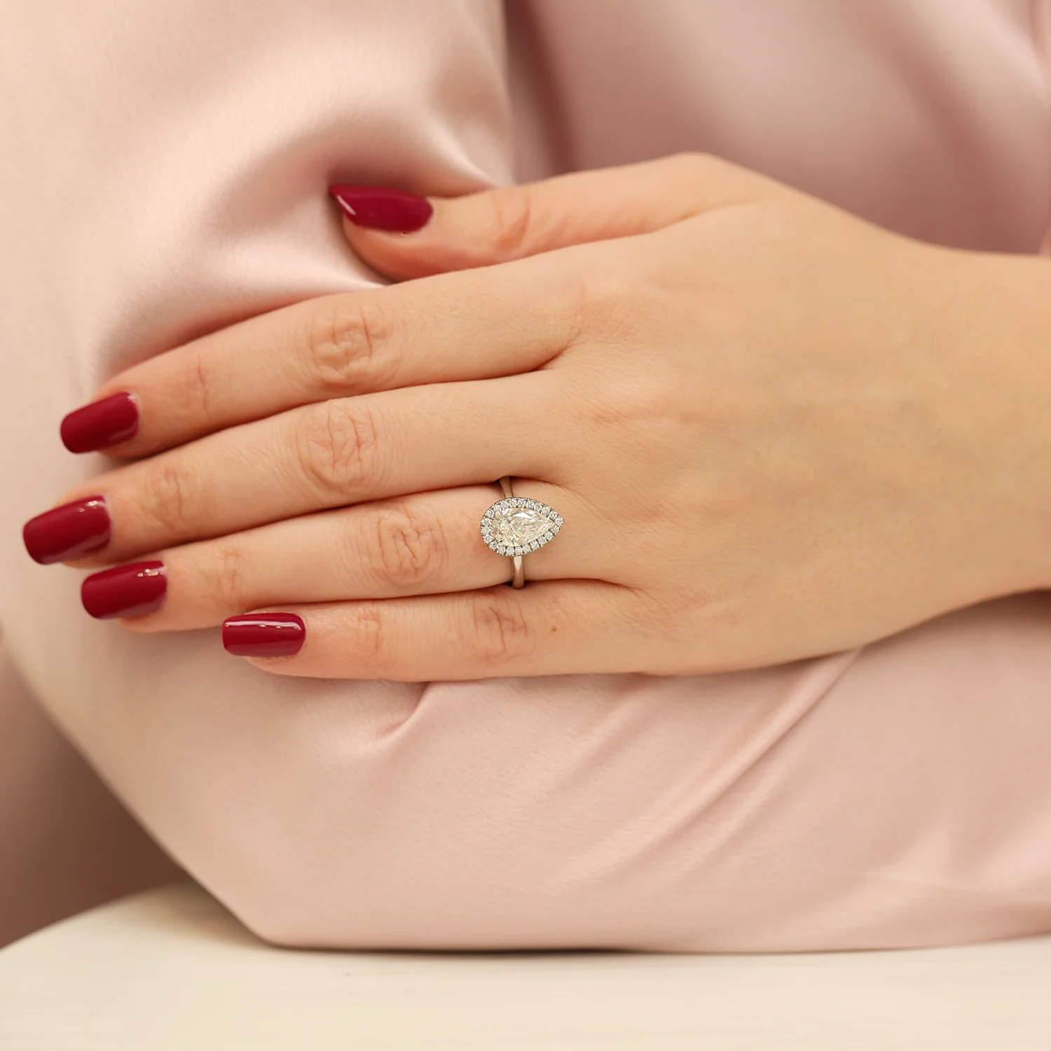 Platinum GIA Certificated Pear Cut Diamond Engagement Ring With Halo Surround - Image 2
