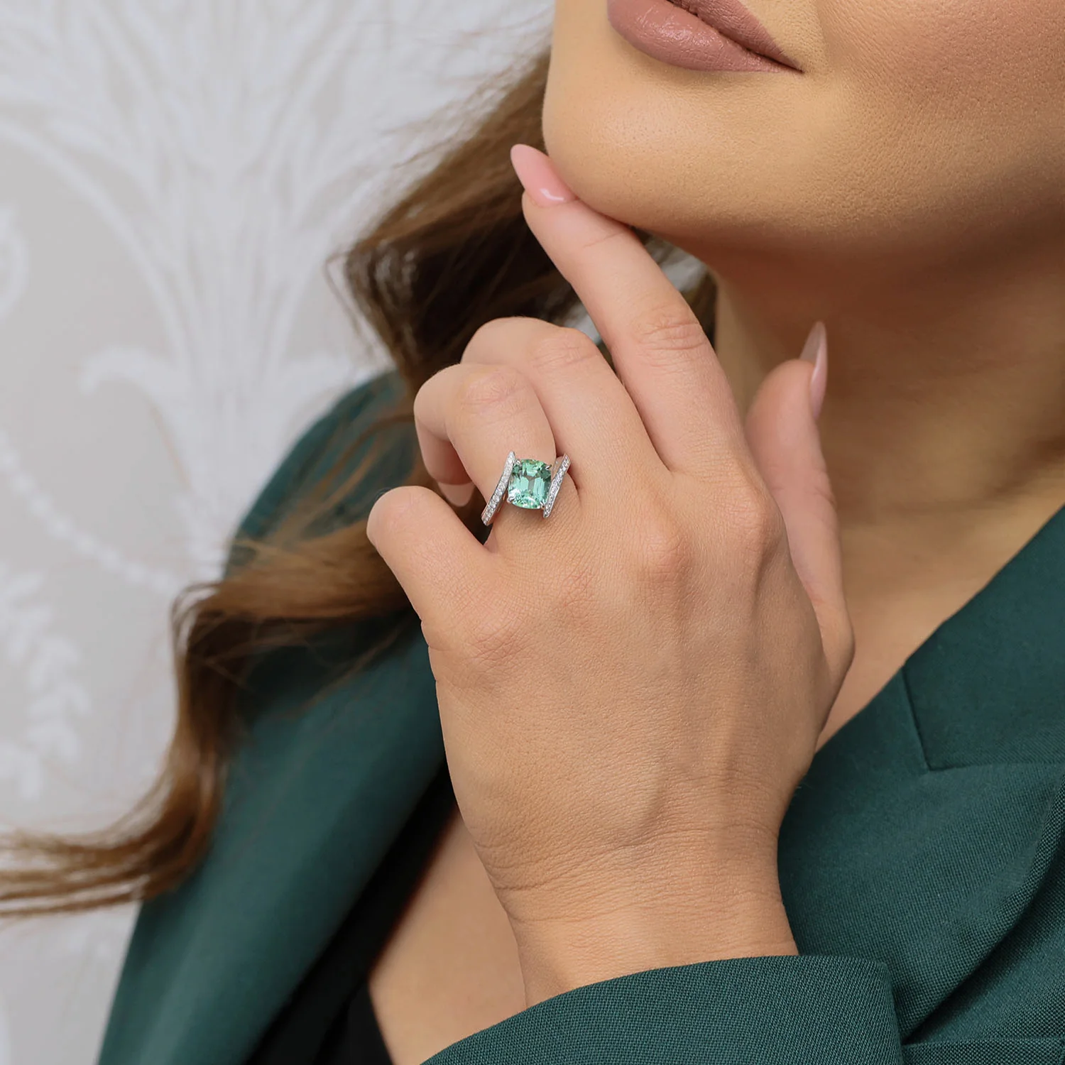 Platinum Cushion Cut Green Mint Tourmaline And Pave Set  Diamond Twist Ring - Image 2