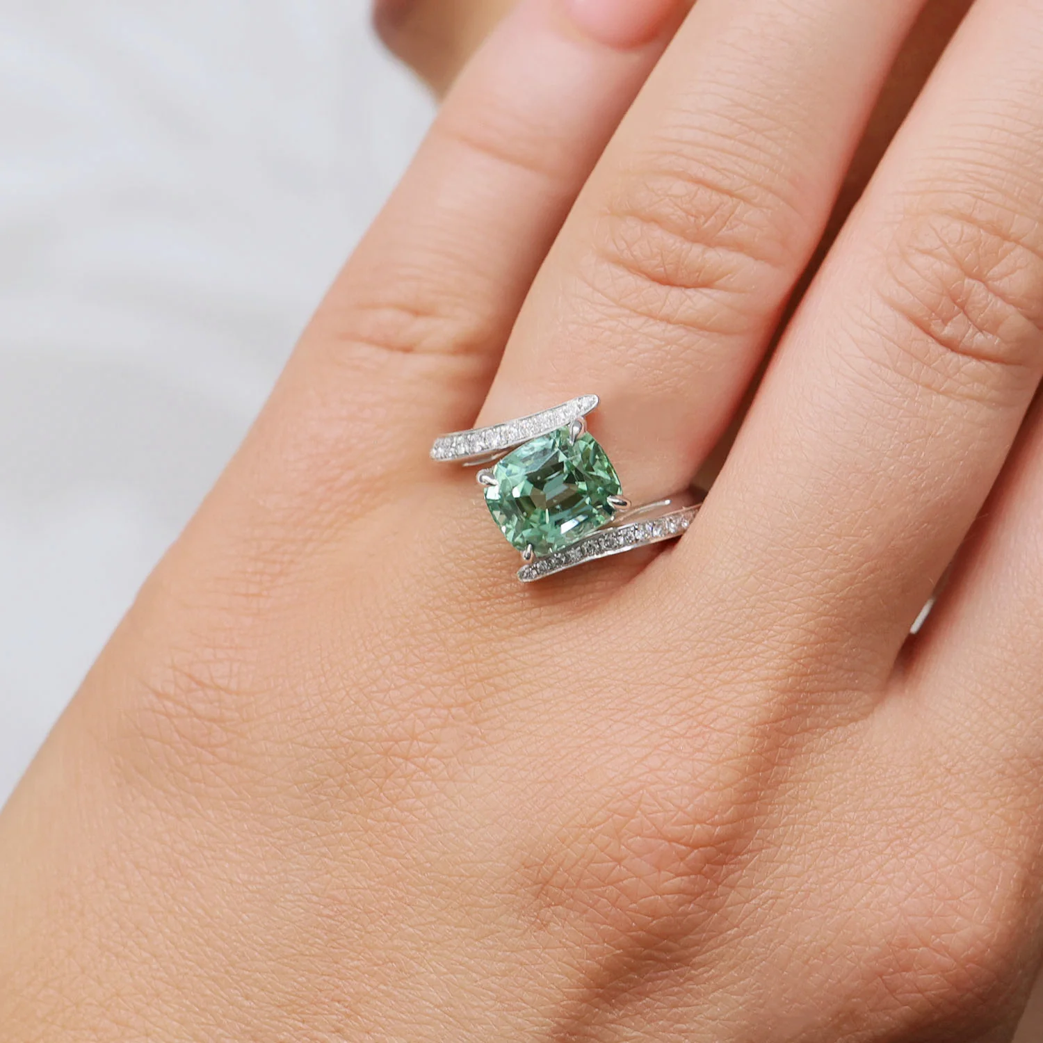 Platinum Cushion Cut Green Mint Tourmaline And Pave Set  Diamond Twist Ring - Image 3