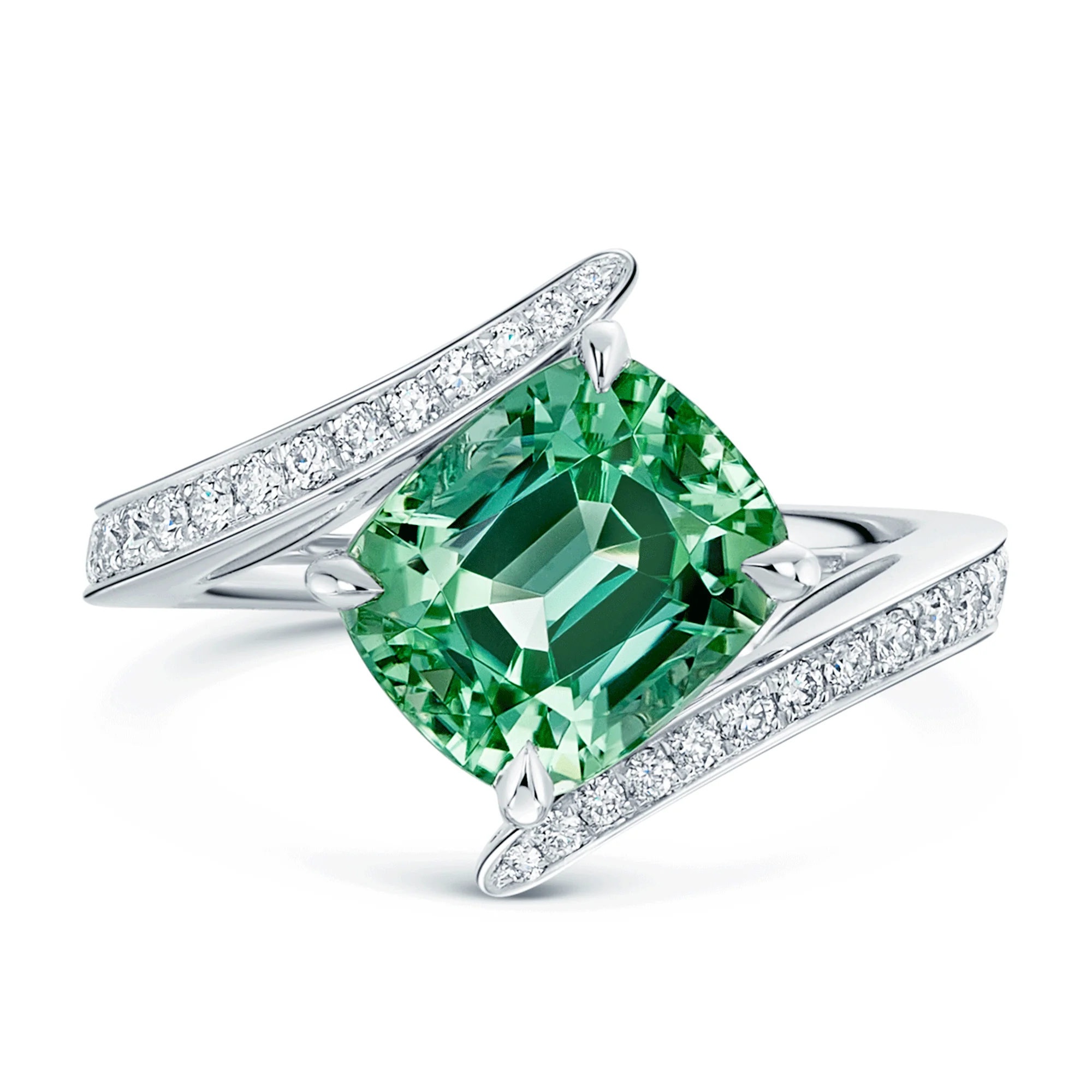 Platinum Cushion Cut Green Mint Tourmaline And Pave Set  Diamond Twist Ring - Image 4