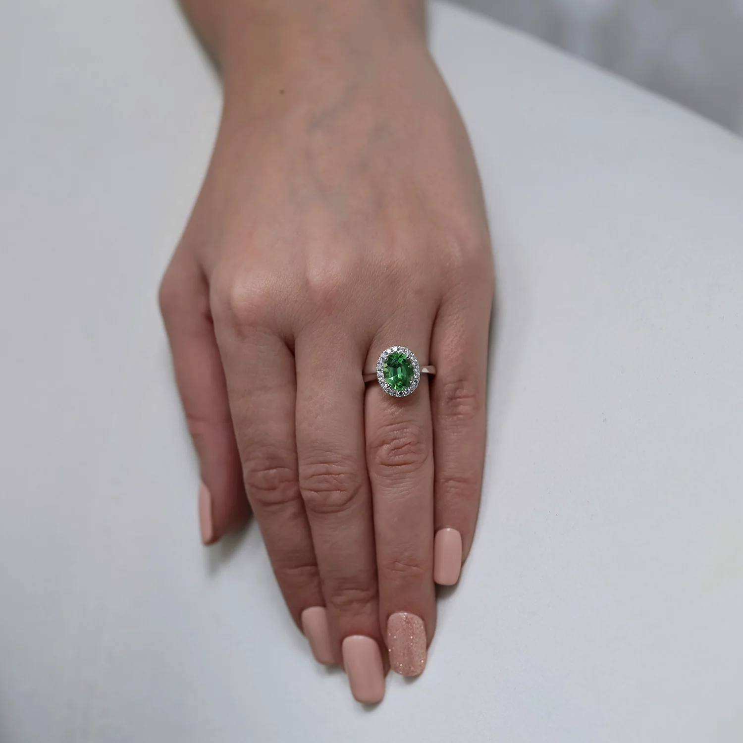 Platinum Chrome Green Tourmaline And Diamond Oval Halo Ring - Image 3