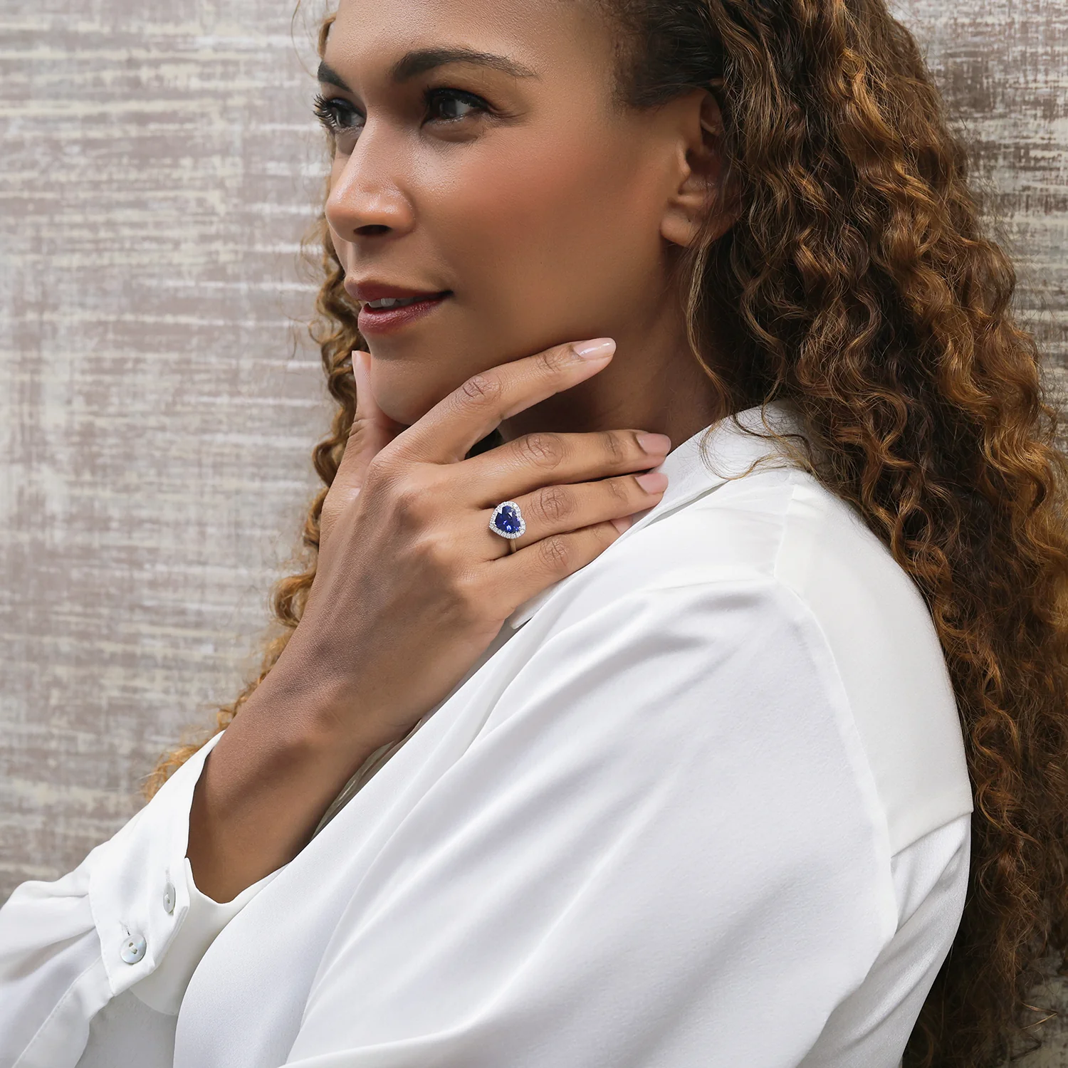 Platinum Heart Cut Blue Sapphire And Round Brilliant Cut Diamond Halo Ring - Image 4