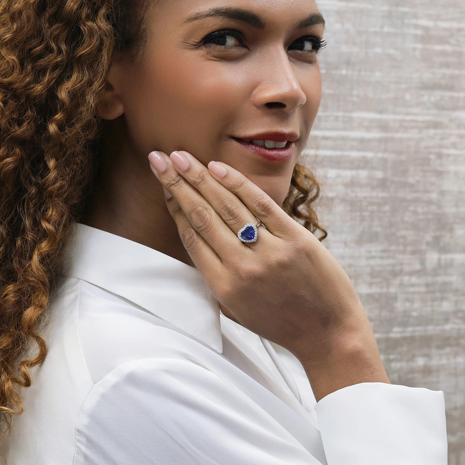 Platinum Heart Cut Blue Sapphire And Round Brilliant Cut Diamond Halo Ring - Image 5
