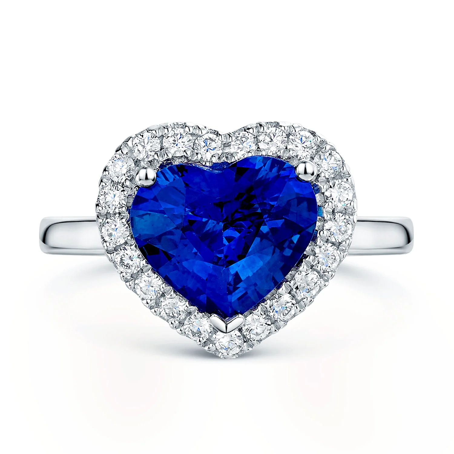 Platinum Heart Cut Blue Sapphire And Round Brilliant Cut Diamond Halo Ring - Image 6