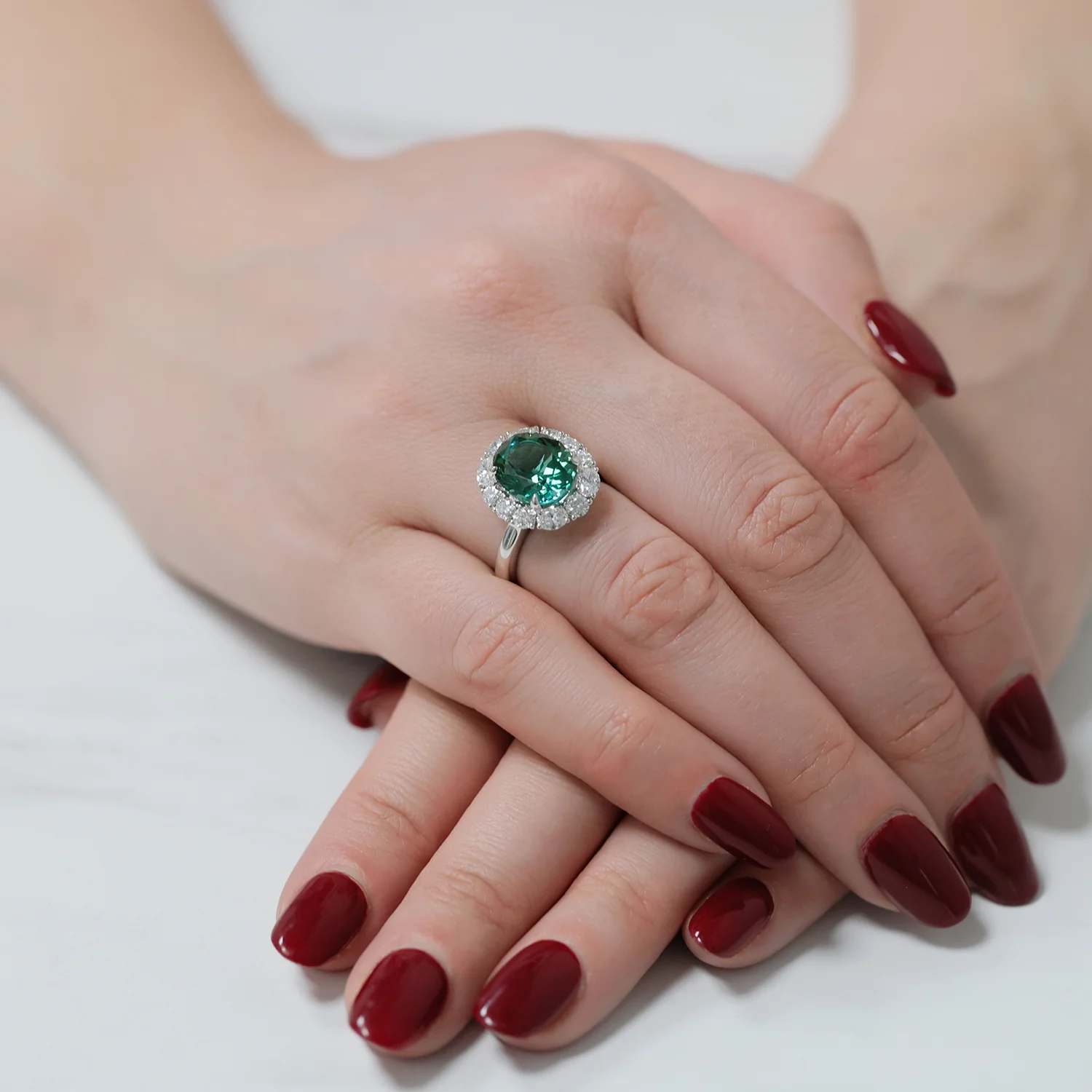 Platinum Lagoon Green Tourmaline And Diamond Halo Ring - Image 3