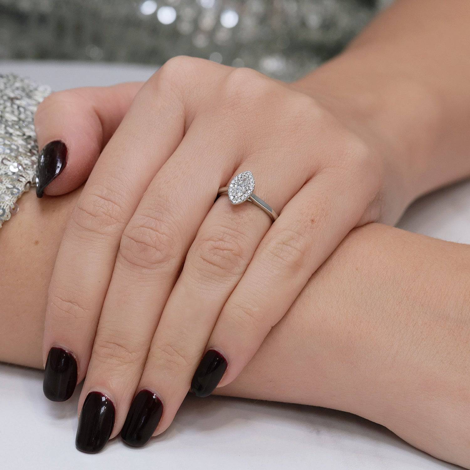Platinum Marquise Cut Diamond Halo Ring - Image 2