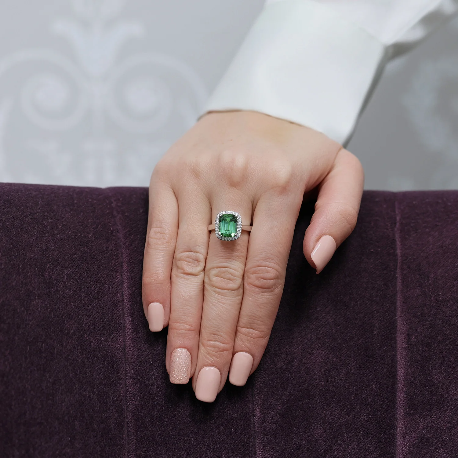 Platinum Mint Green Tourmaline And Diamond Halo Ring - Image 2