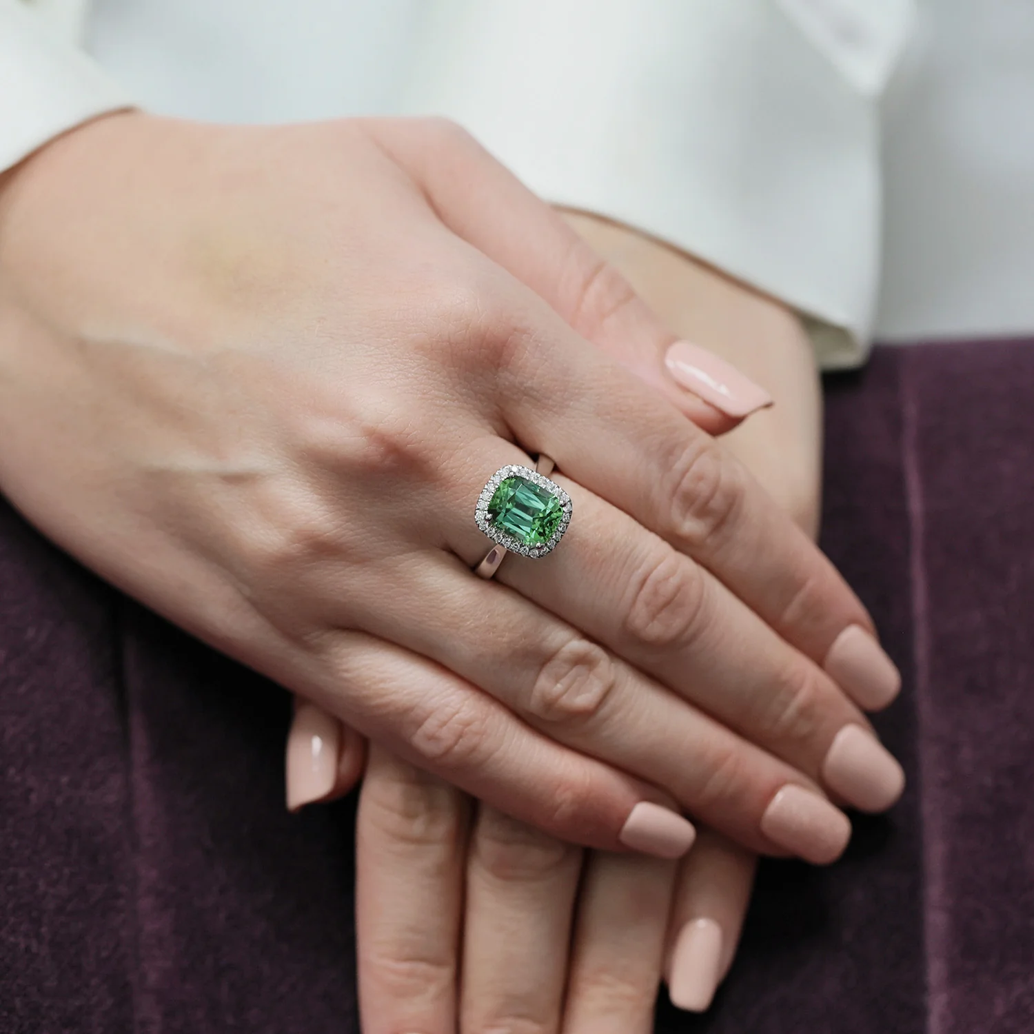 Platinum Mint Green Tourmaline And Diamond Halo Ring - Image 3