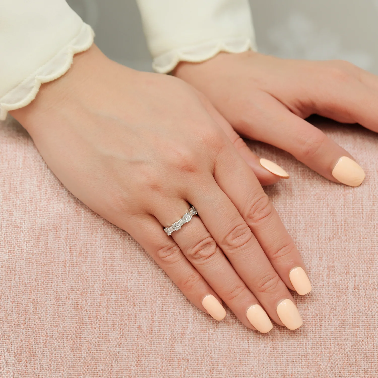 Platinum Oval And Emerald Cut Diamond Fancy Eternity Ring - Image 2