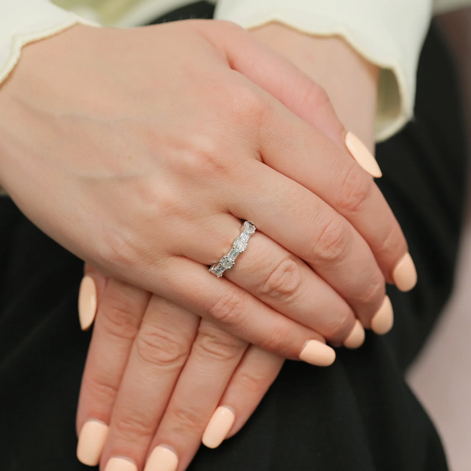 Platinum Oval And Emerald Cut Diamond Fancy Eternity Ring - Image 3