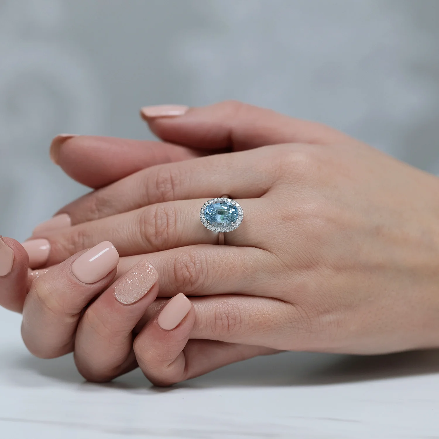 Platinum Oval Aquamarine And Diamond Halo Ring - Image 2