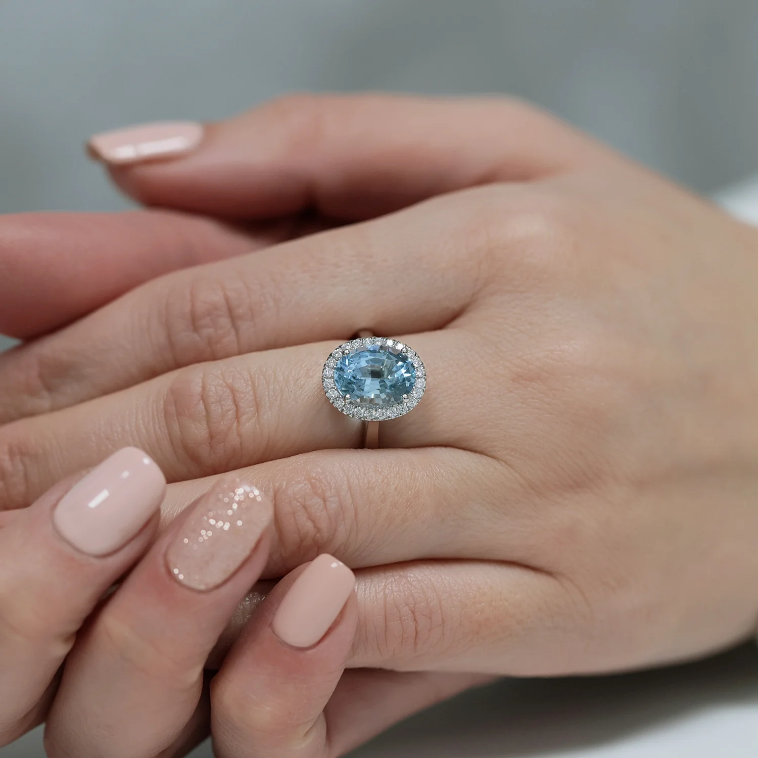 Platinum Oval Aquamarine And Diamond Halo Ring - Image 3
