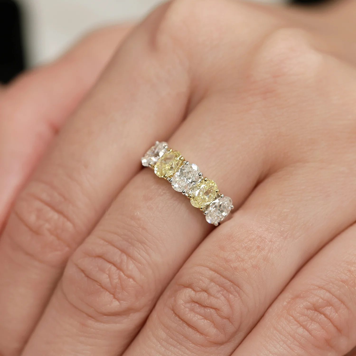 Platinum Oval Cut Diamond And Yellow Diamond Five Stone Eternity Ring - Image 2