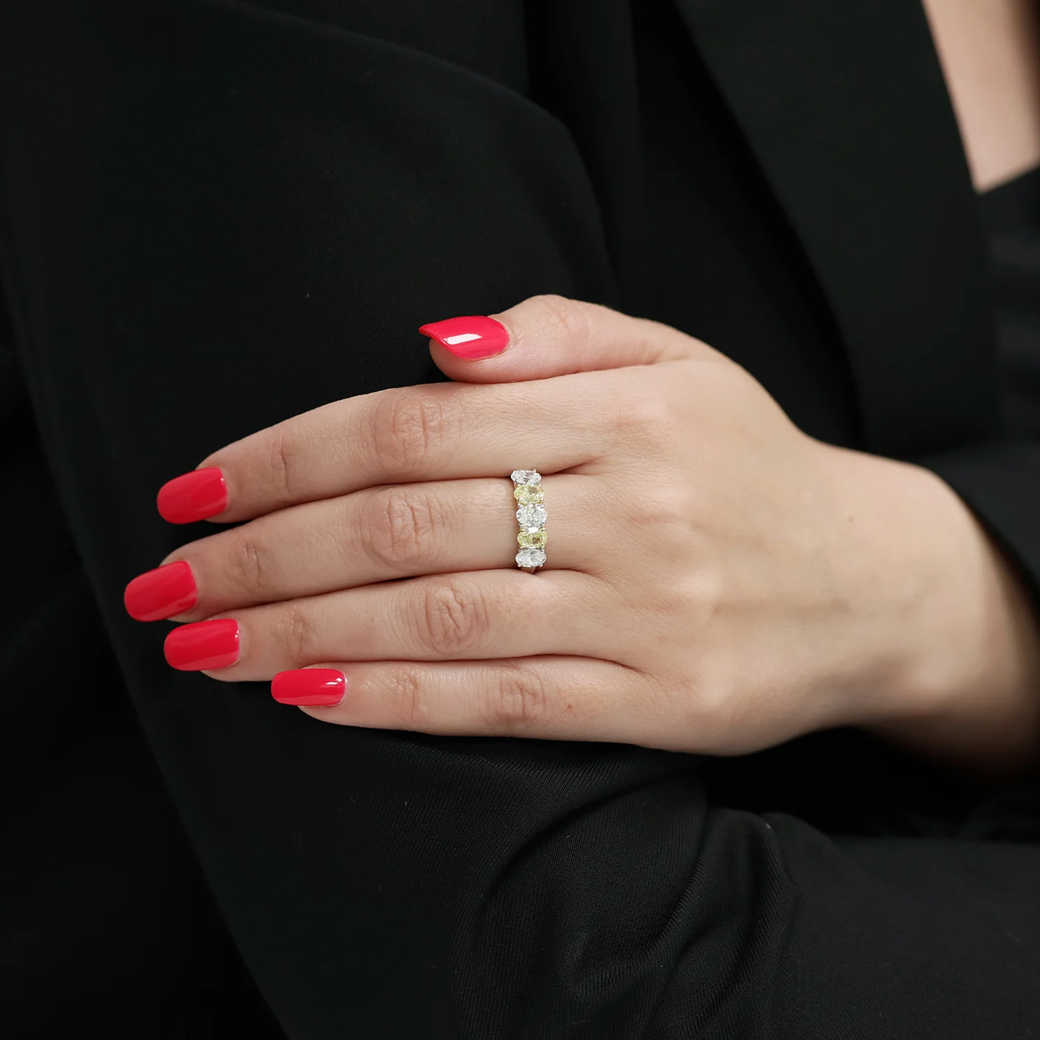 Platinum Oval Cut Diamond And Yellow Diamond Five Stone Eternity Ring - Image 3