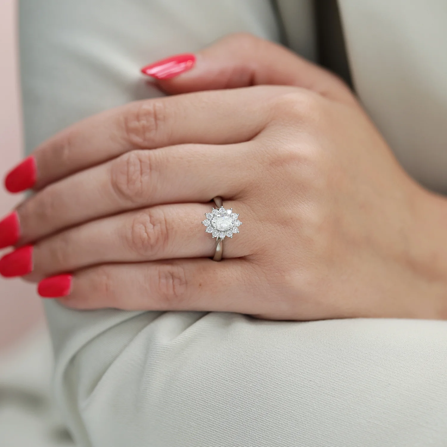 Platinum Oval Cut Diamond Cluster Dress Ring - Image 2