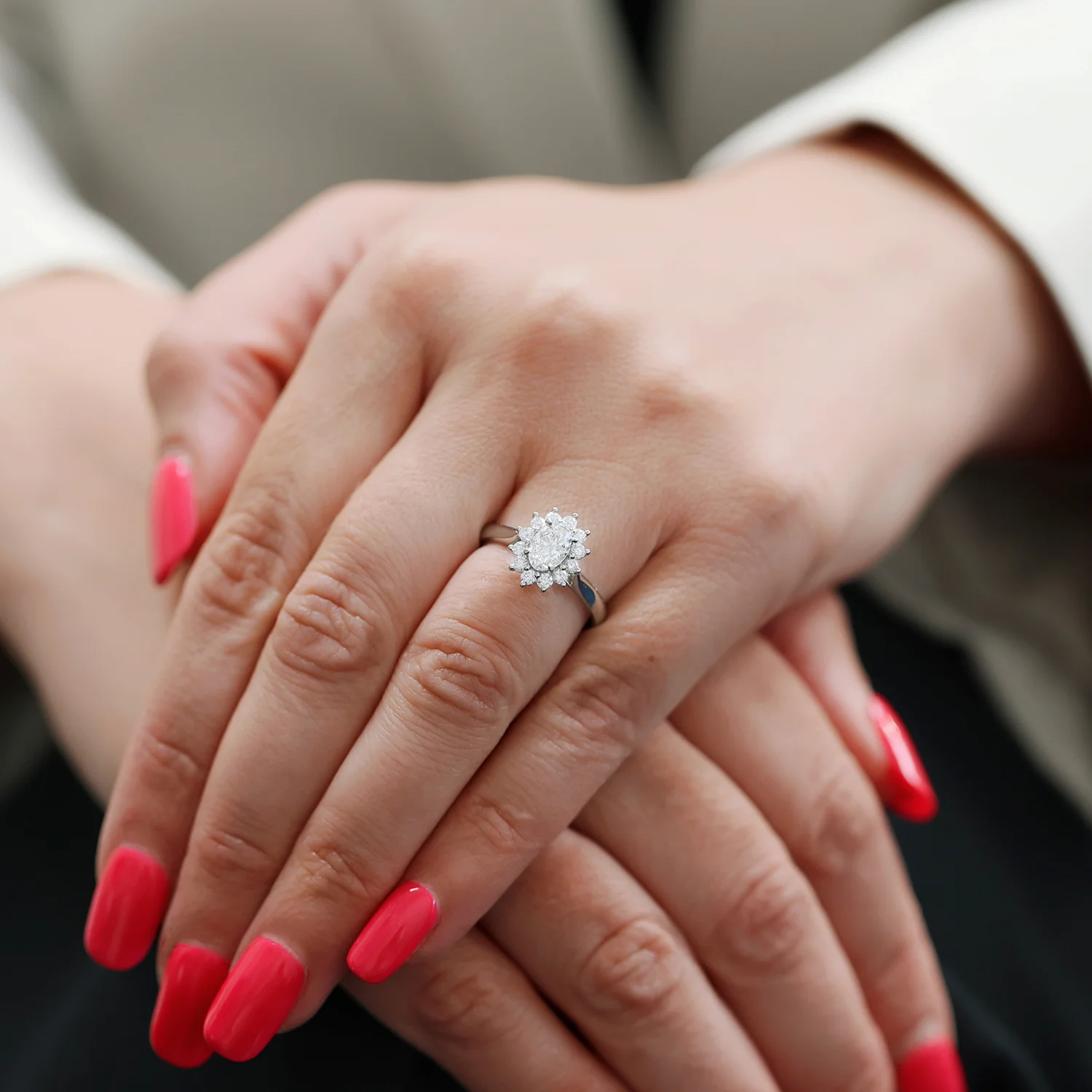 Platinum Oval Cut Diamond Cluster Dress Ring - Image 3