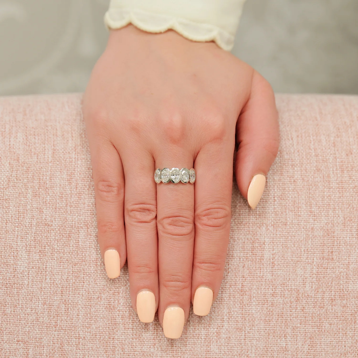 Platinum Oval Cut Diamond Five Stone Rub Over Set Eternity Ring - Image 3
