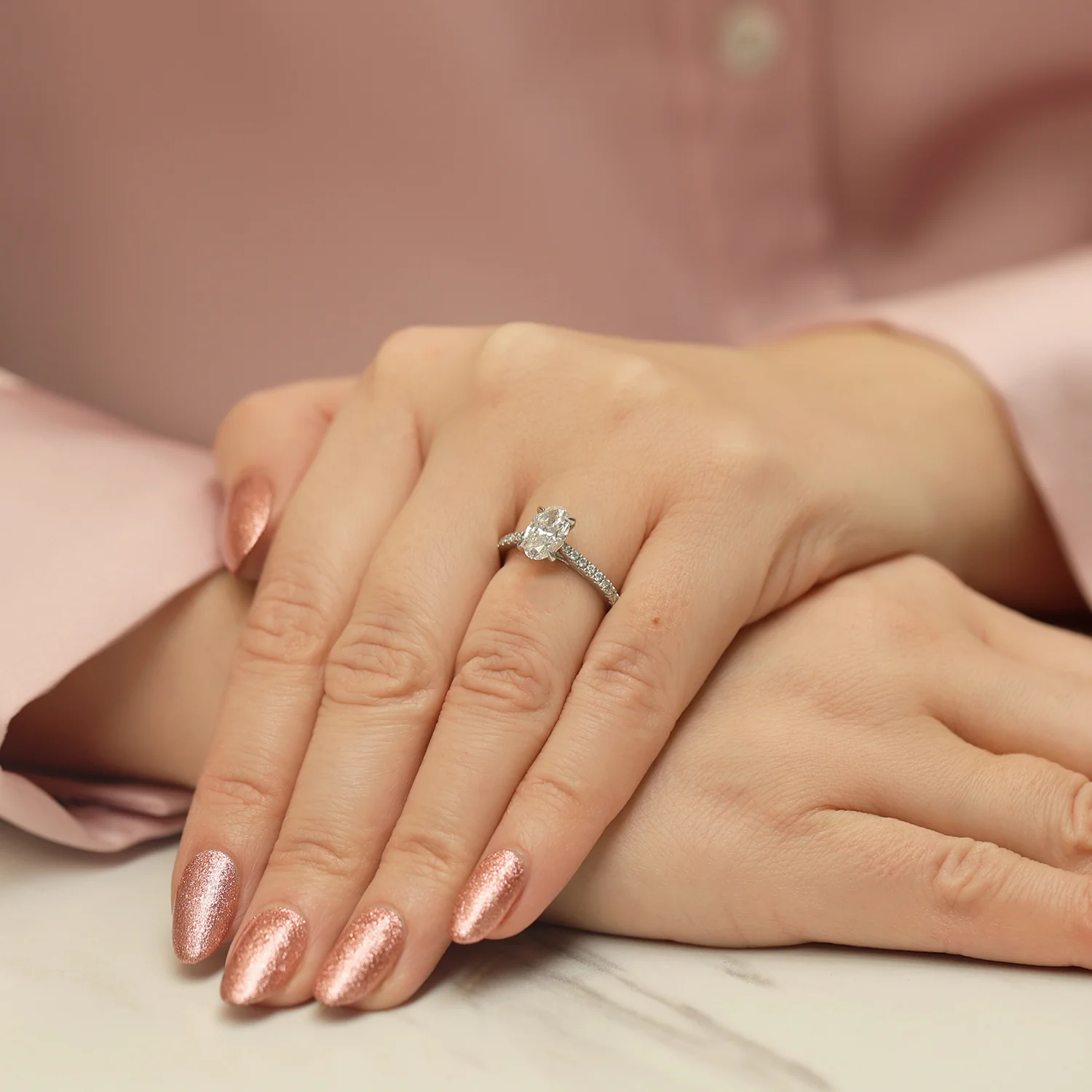 Platinum GIA Certified Oval Cut Diamond Ring With Diamond Set Shoulders - Image 2
