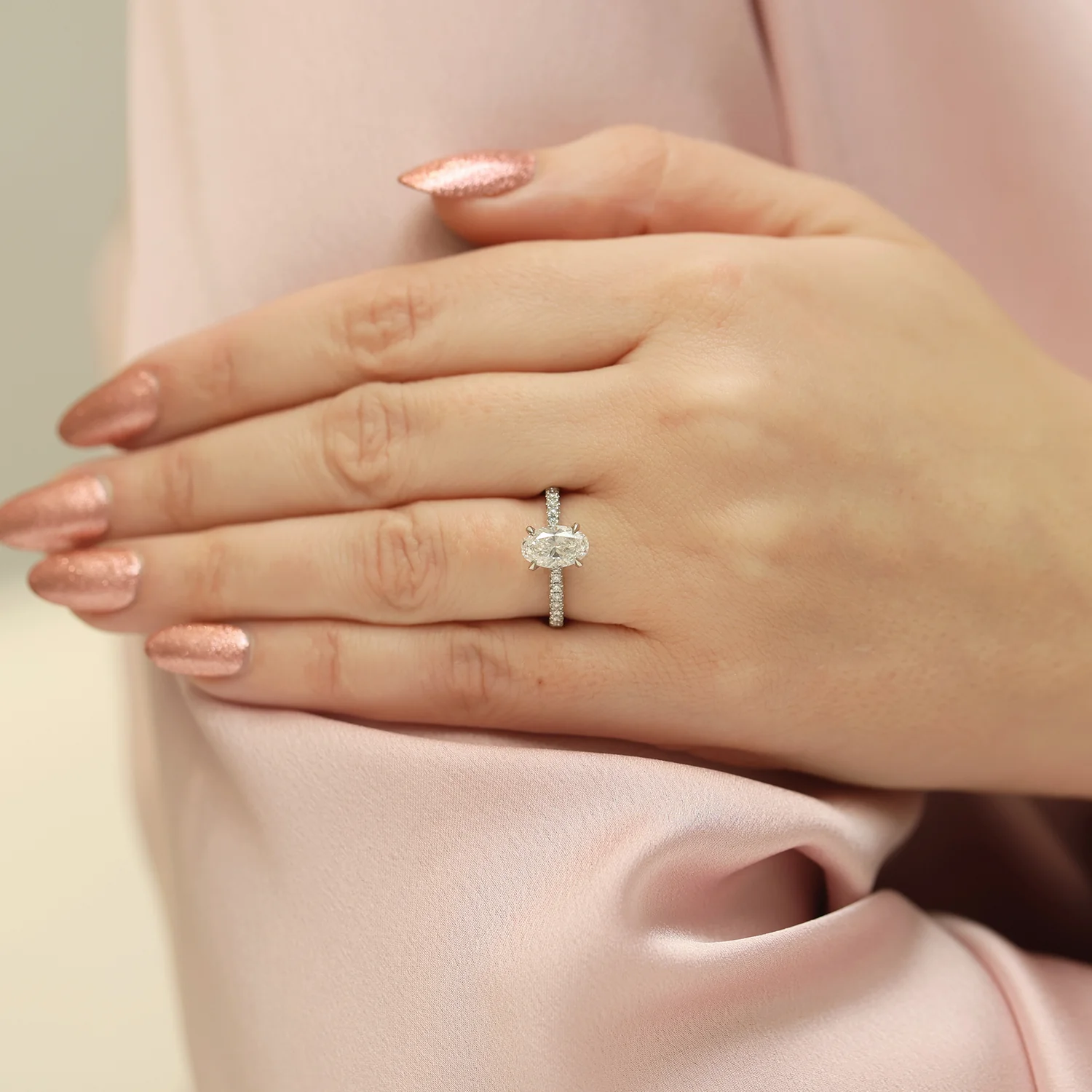 Platinum GIA Certified Oval Cut Diamond Ring With Diamond Set Shoulders - Image 3