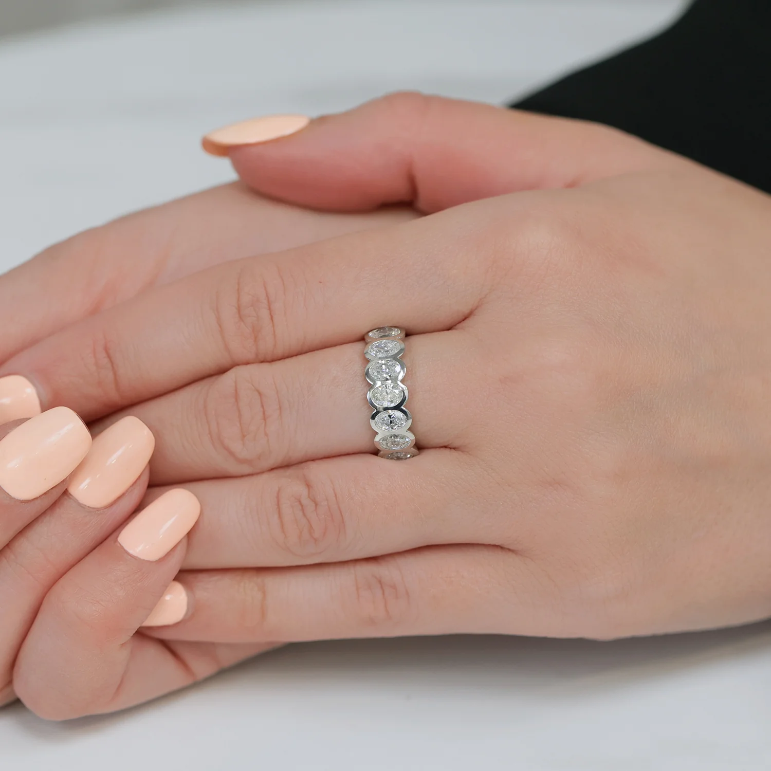 Platinum Oval Cut Diamond Seven Stone Rub Over Set Eternity Ring - Image 3