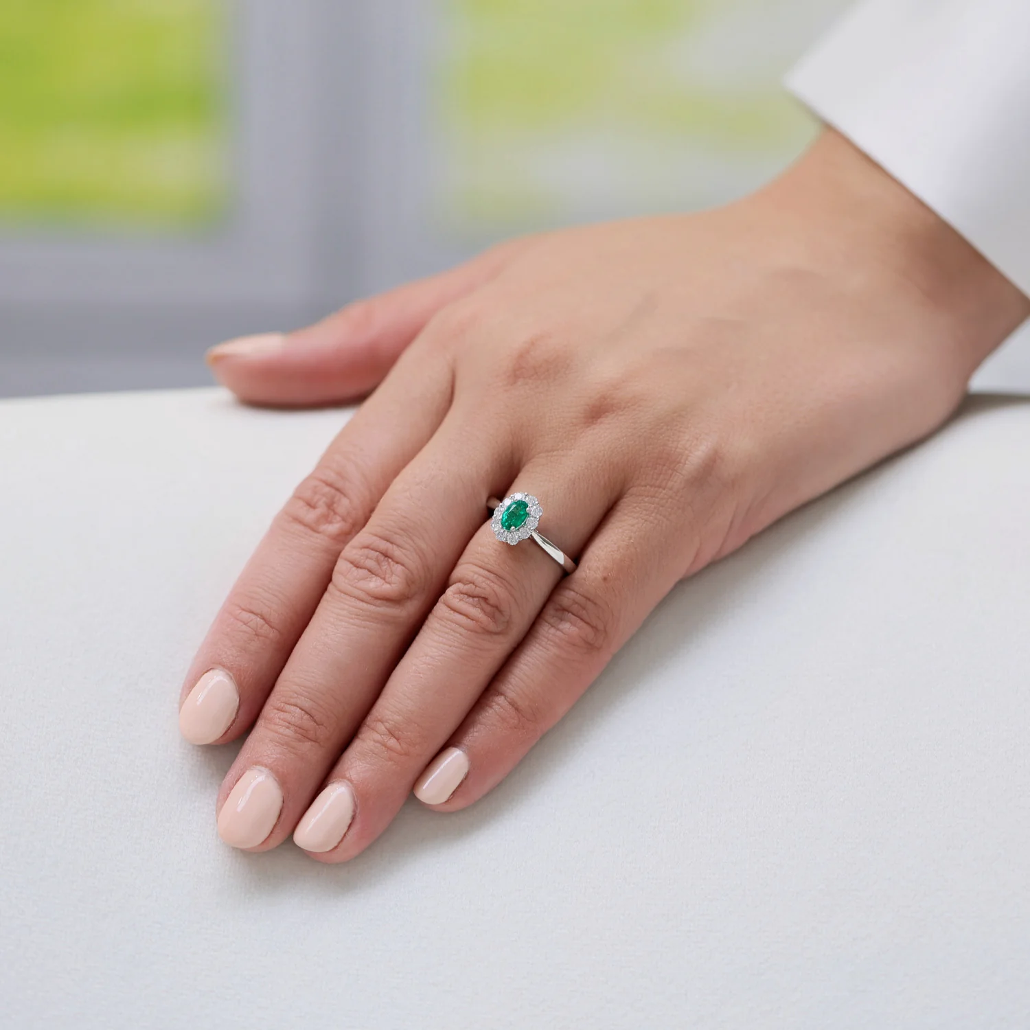 Platinum Oval Cut Emerald And Diamond Cluster Ring - Image 2