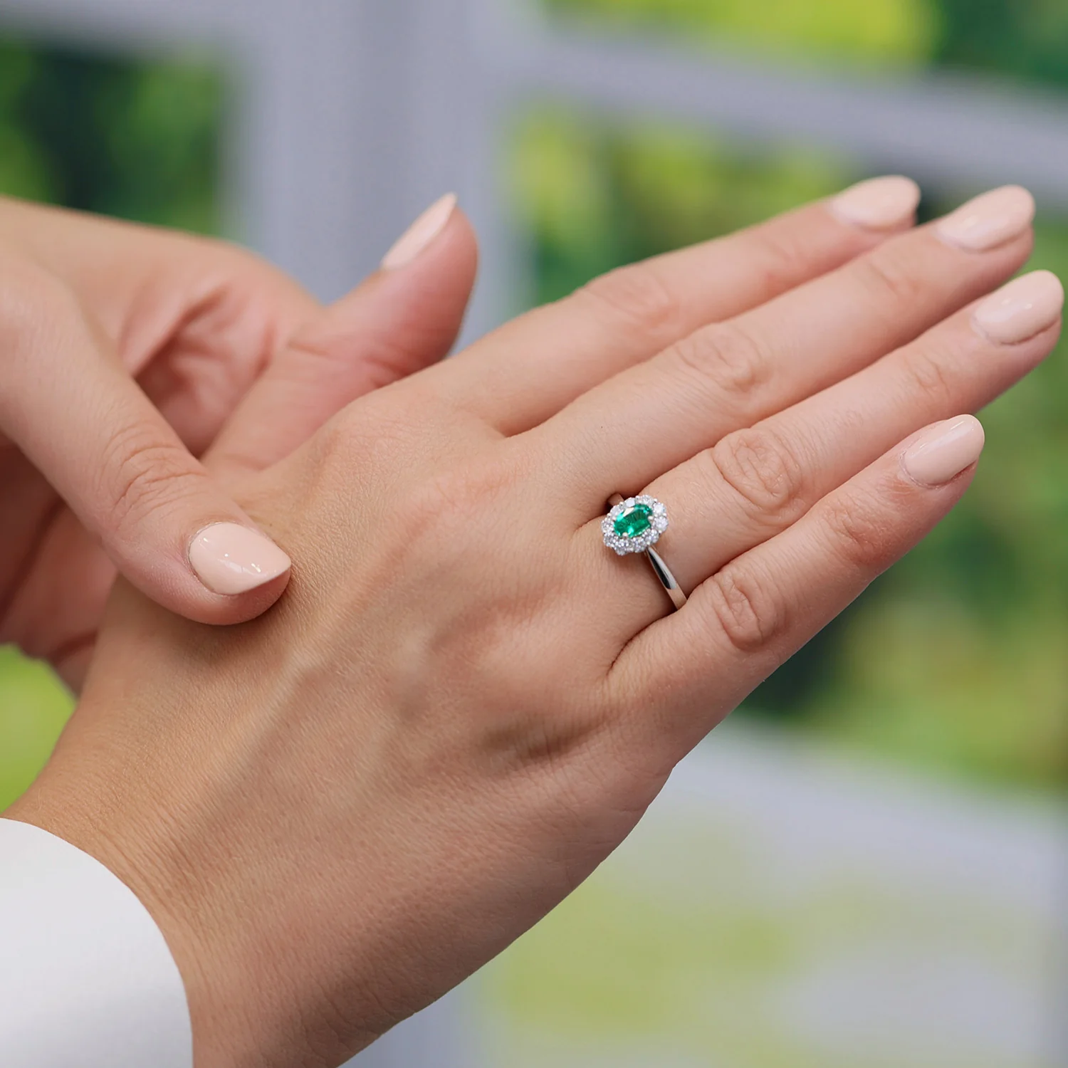 Platinum Oval Cut Emerald And Diamond Cluster Ring - Image 3