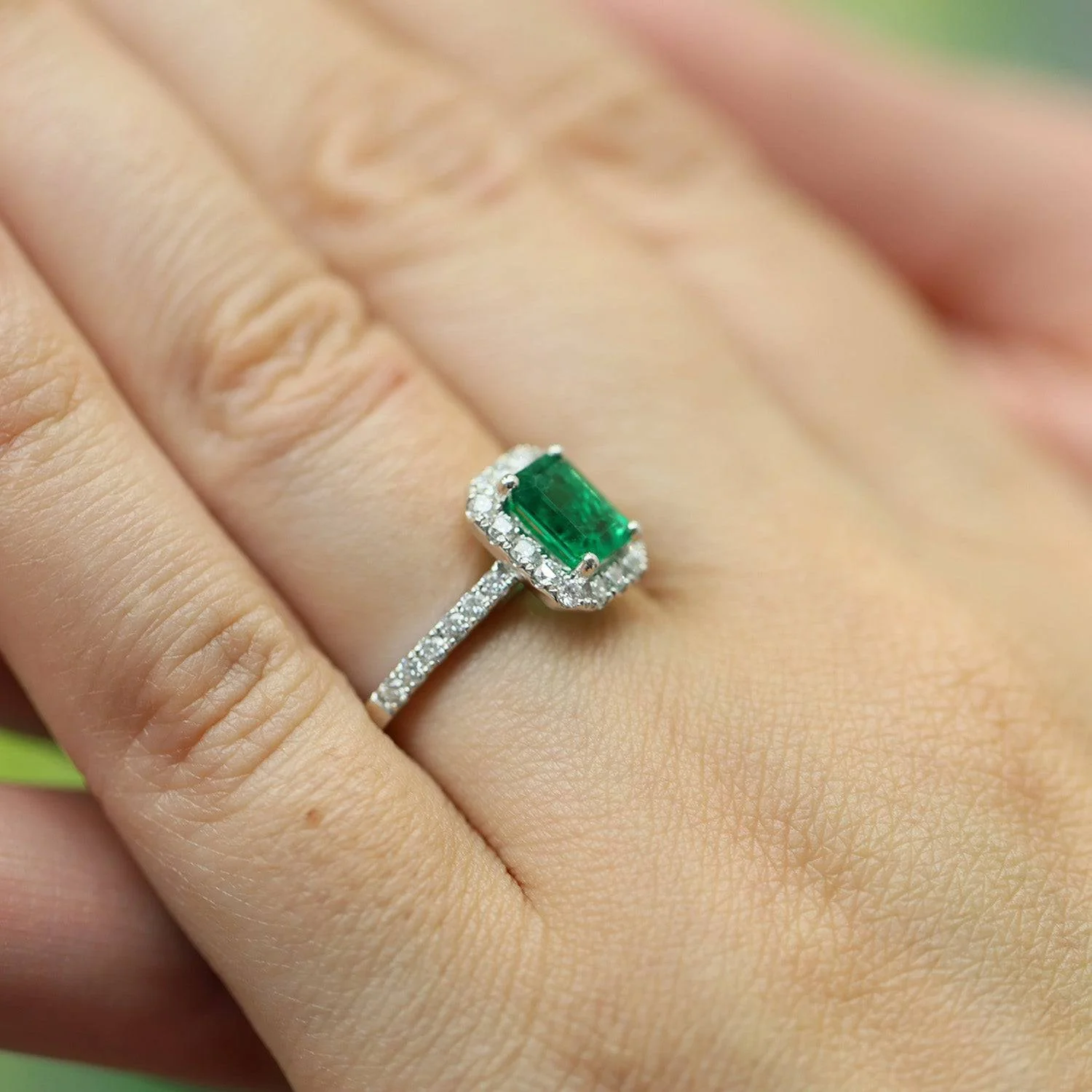 Platinum Emerald And Diamond Halo Ring With Diamond Shoulders - Image 2
