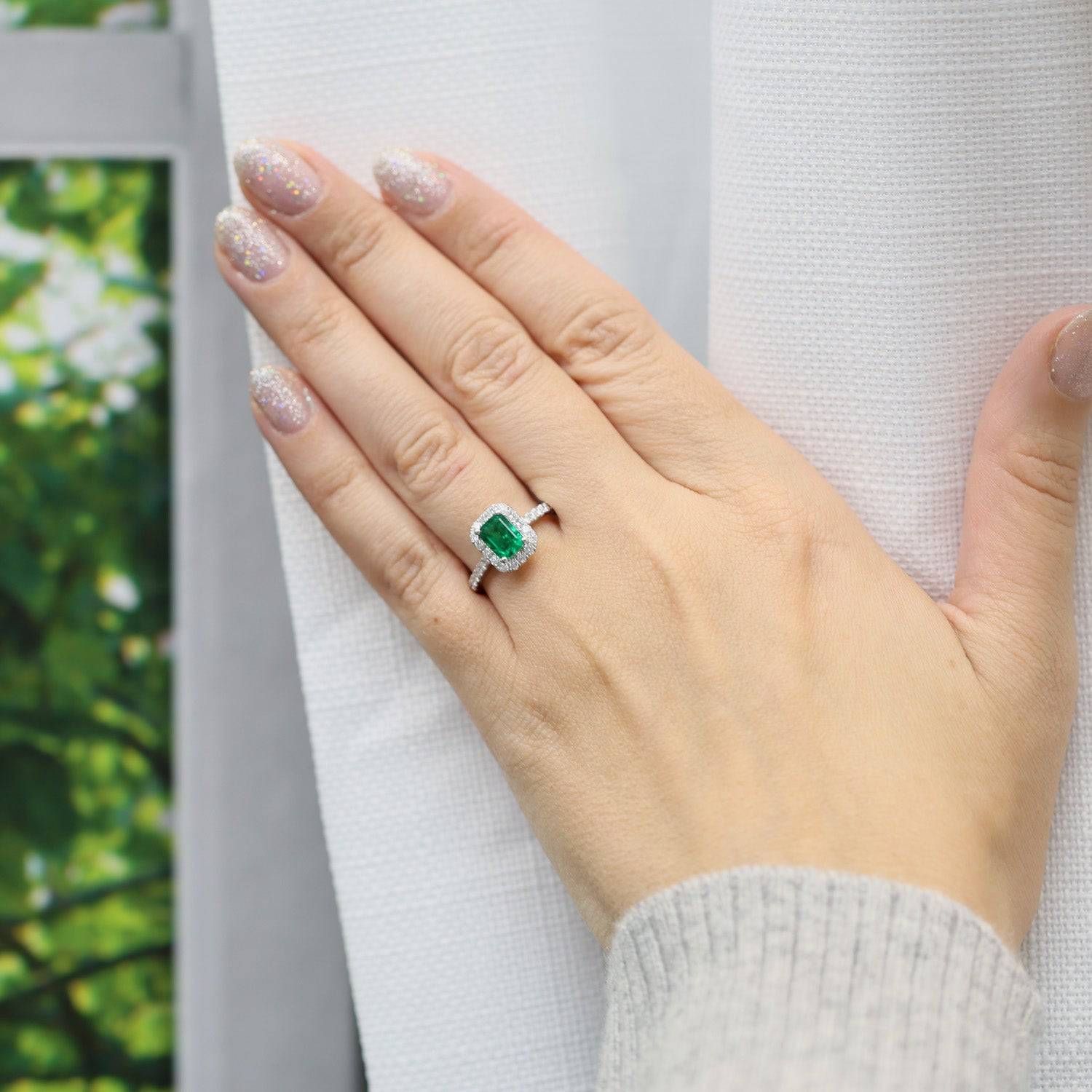 Platinum Emerald And Diamond Halo Ring With Diamond Shoulders - Image 3