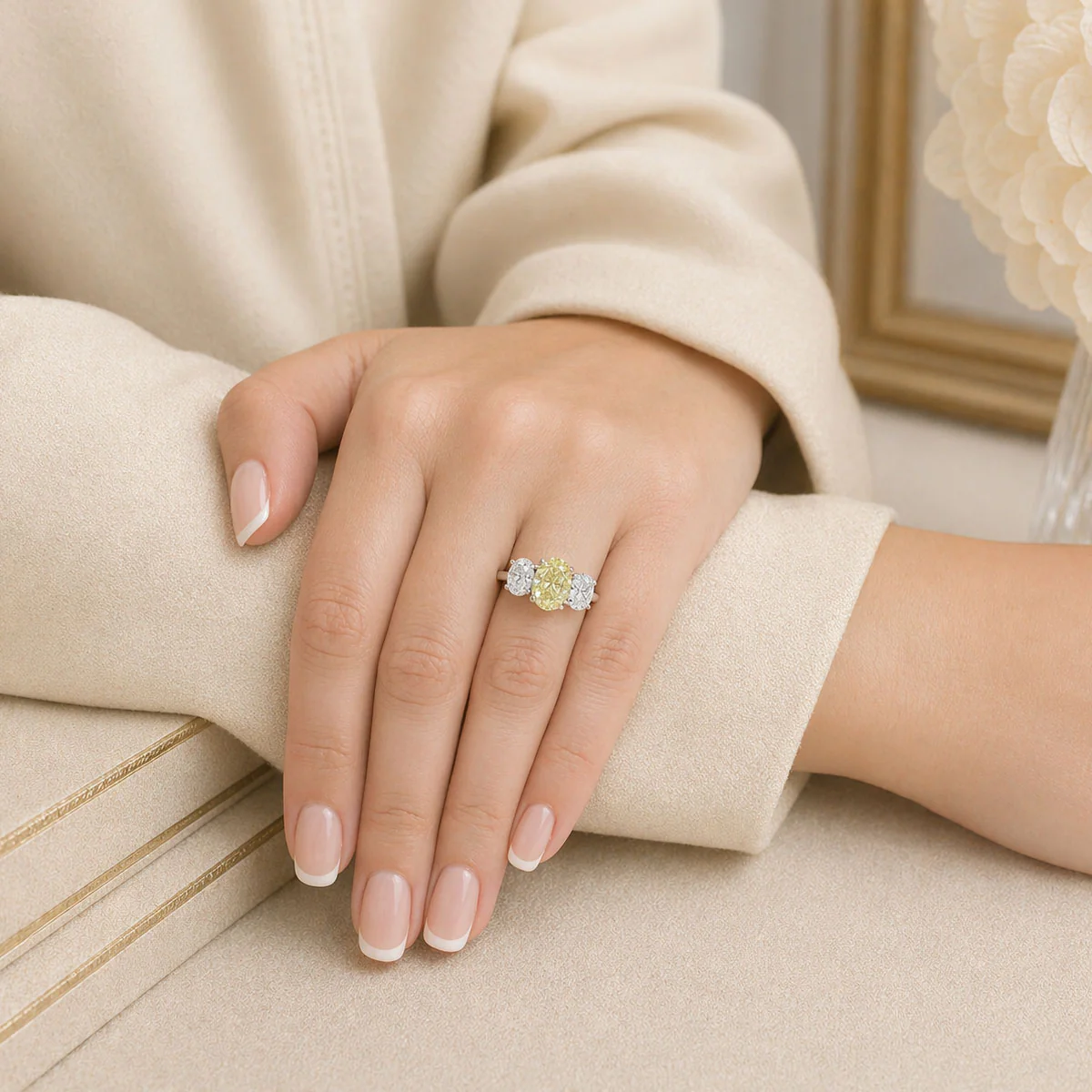 Platinum Oval Cut Fancy Yellow Diamond And White Diamond Three Stone Ring - Image 2