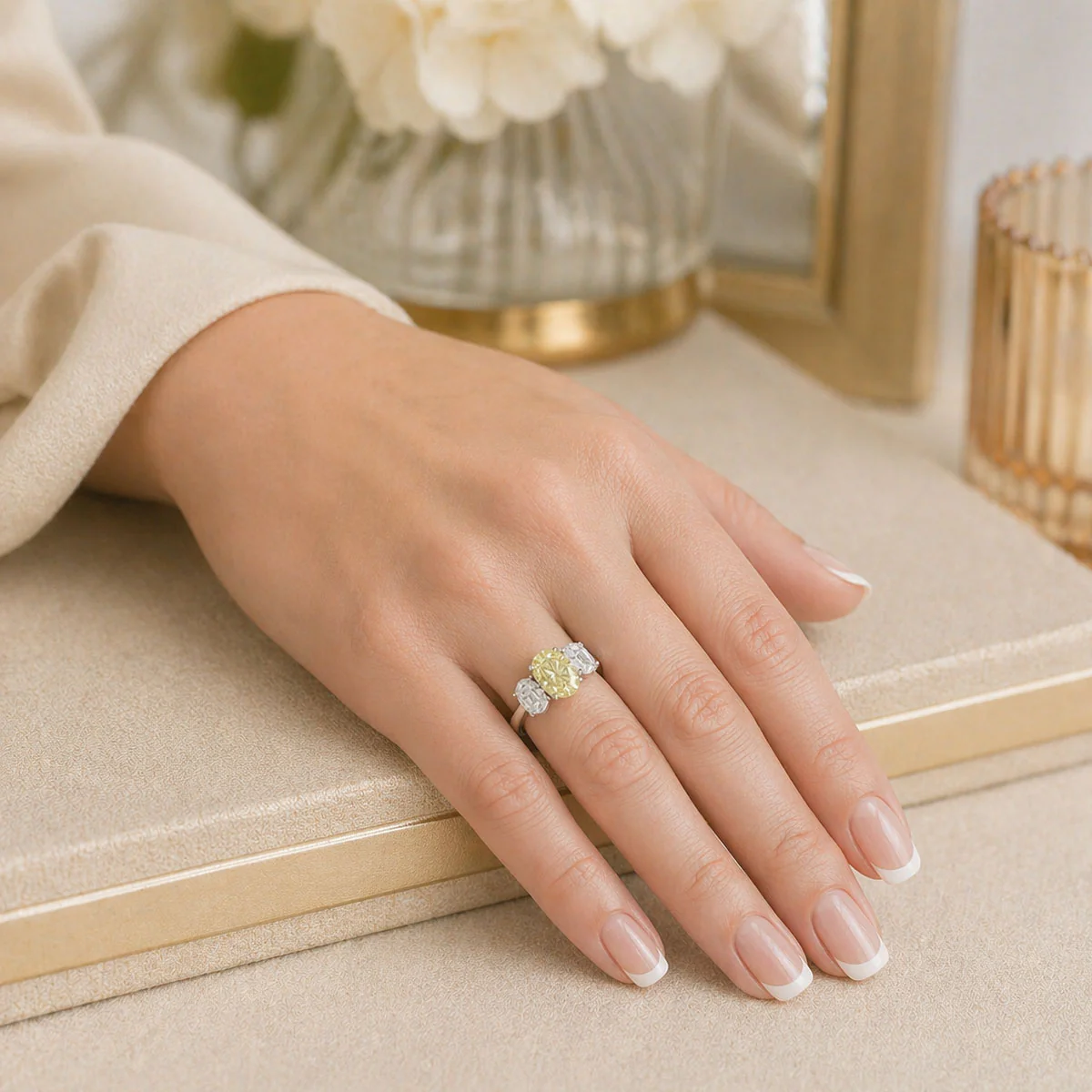 Platinum Oval Cut Fancy Yellow Diamond And White Diamond Three Stone Ring - Image 3