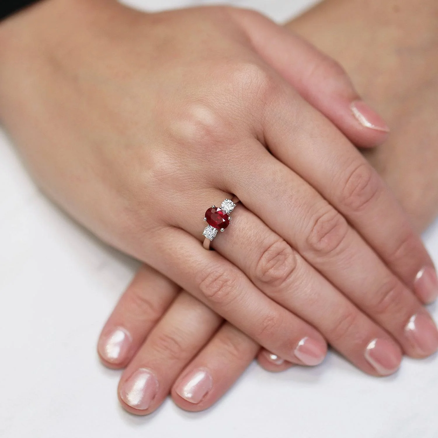 Platinum Oval Cut Ruby And Diamond Three Stone Ring - Image 2