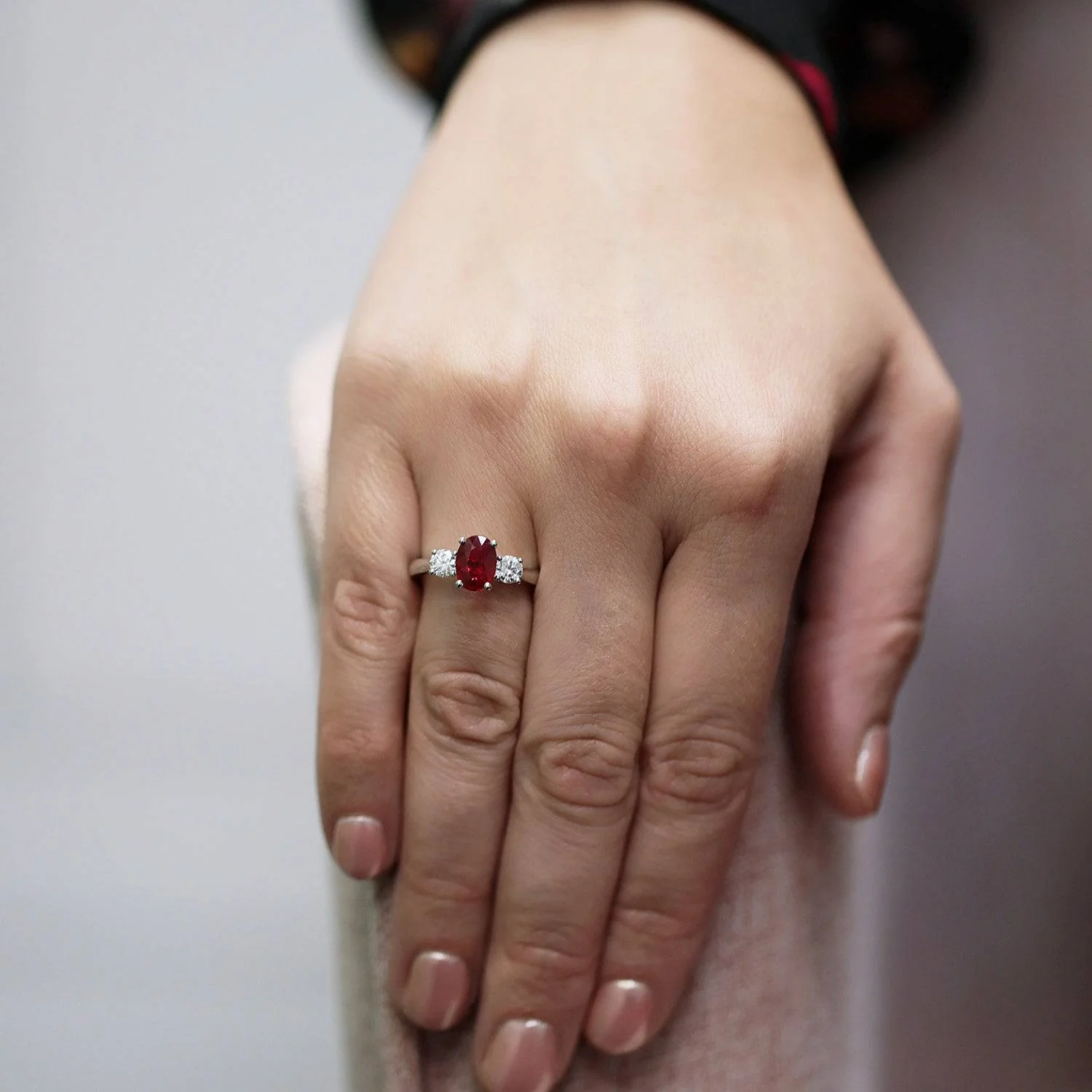Platinum Oval Cut Ruby And Diamond Three Stone Ring - Image 3