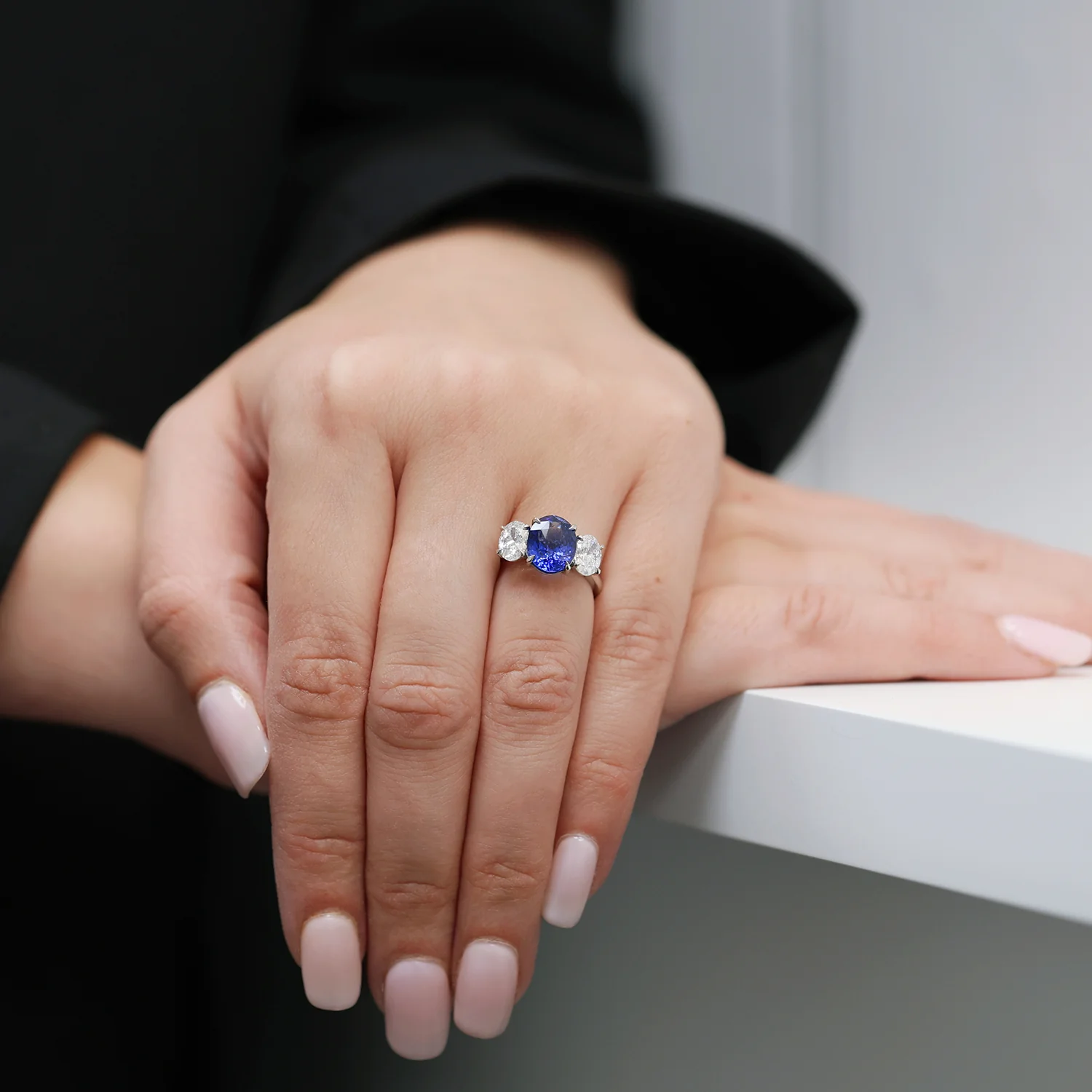 Platinum Oval Cut Sapphire And Diamond Three Stone Ring - Image 2