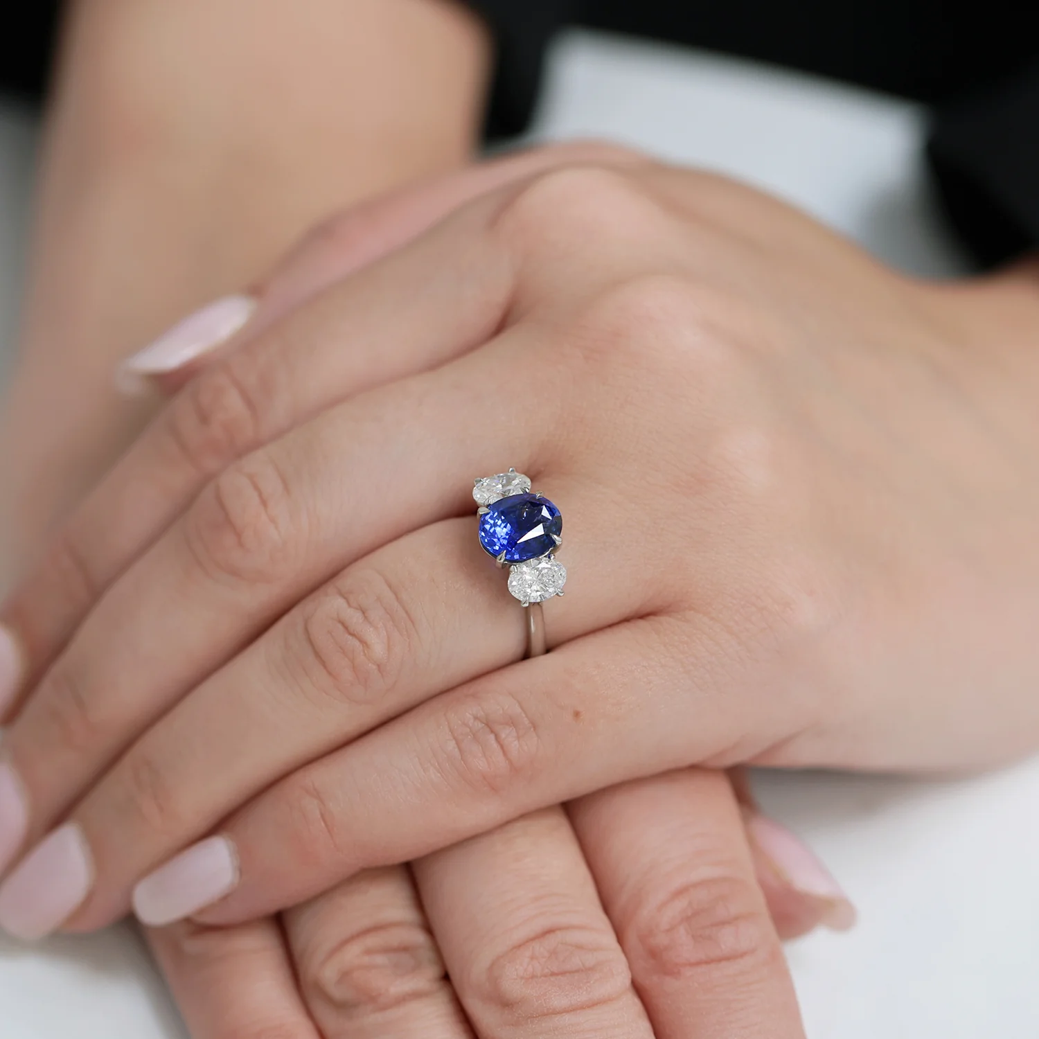 Platinum Oval Cut Sapphire And Diamond Three Stone Ring - Image 3