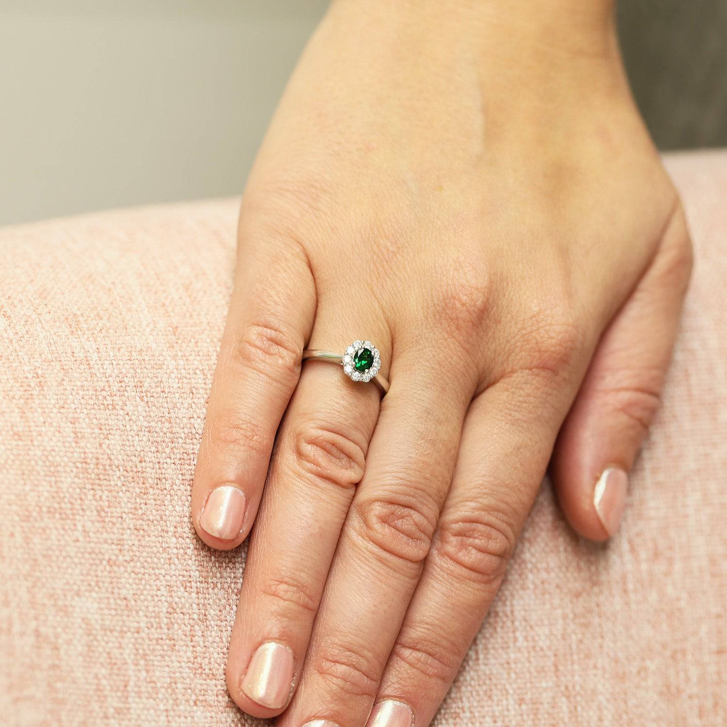 Platinum Oval Cut Tsavorite And Round Brilliant Cut Diamond Cluster Ring - Image 2