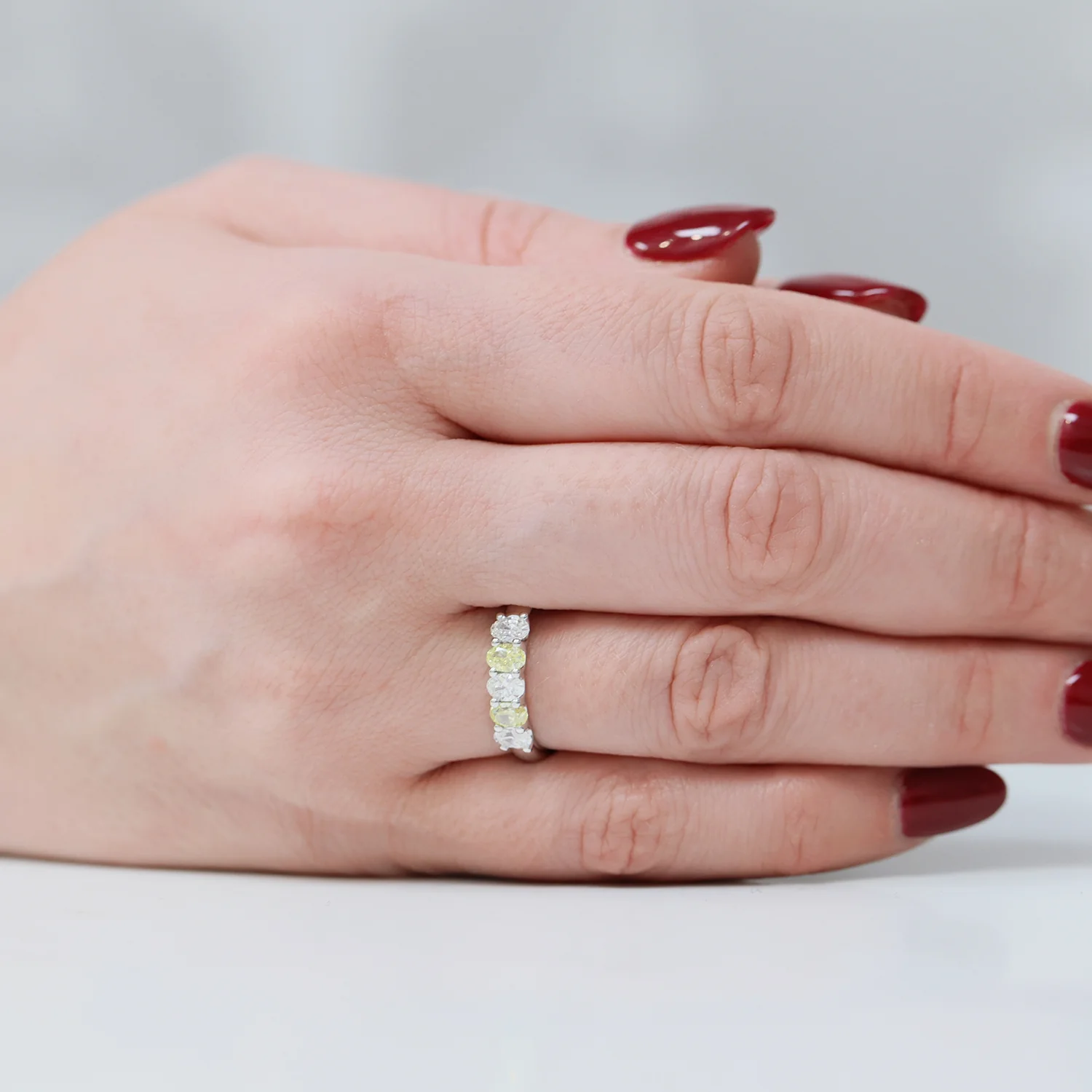 Platinum Oval Diamond And Fancy Yellow Diamond Five Stone Dress Ring - Image 4